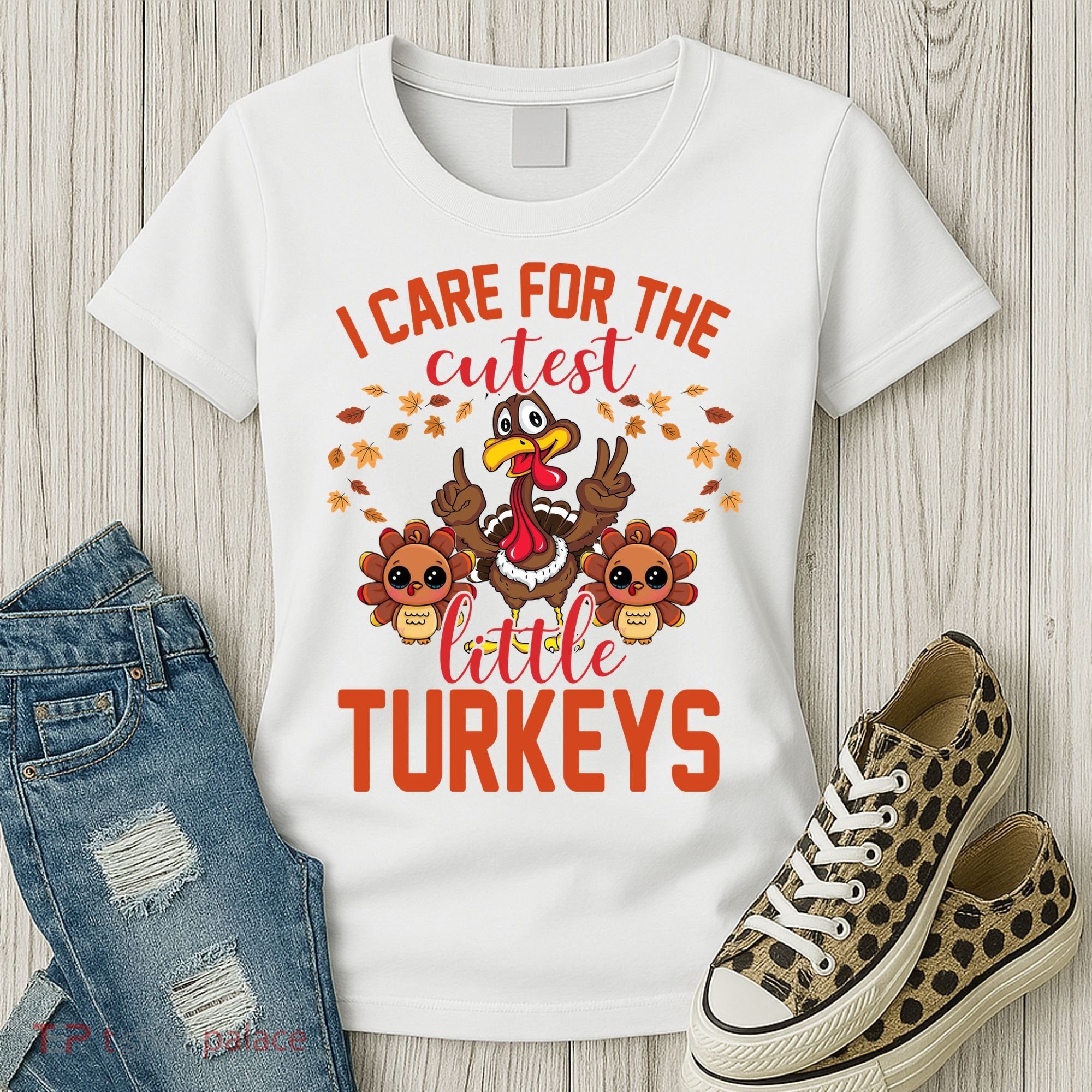 I Care For The Cutest Little Turkeys Thanksgiving Teacher Women's T-Shirt