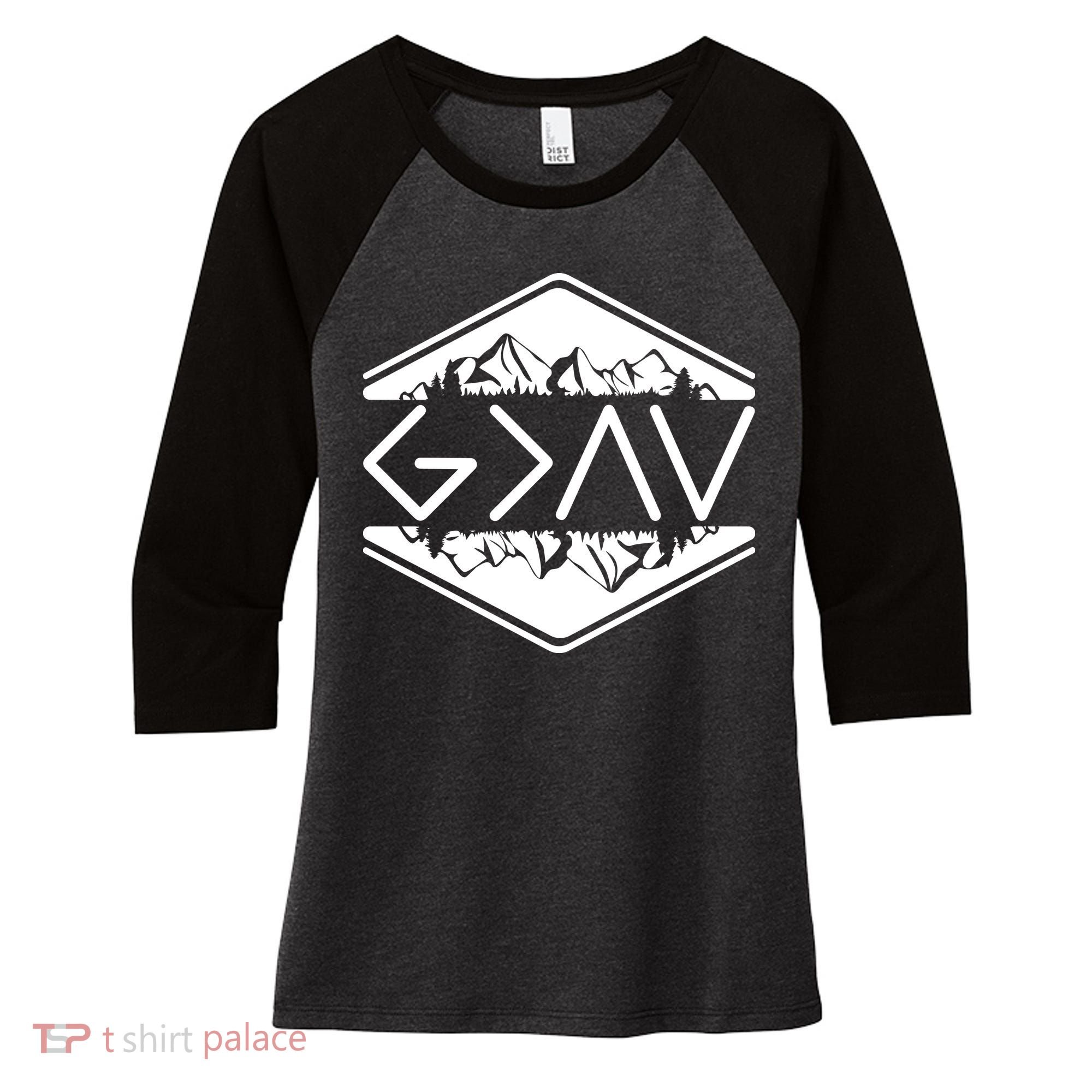 Inspirational Christian God Is Greater Than The High And Lows Camping Women's Tri-Blend 3/4-Sleeve Raglan Shirt