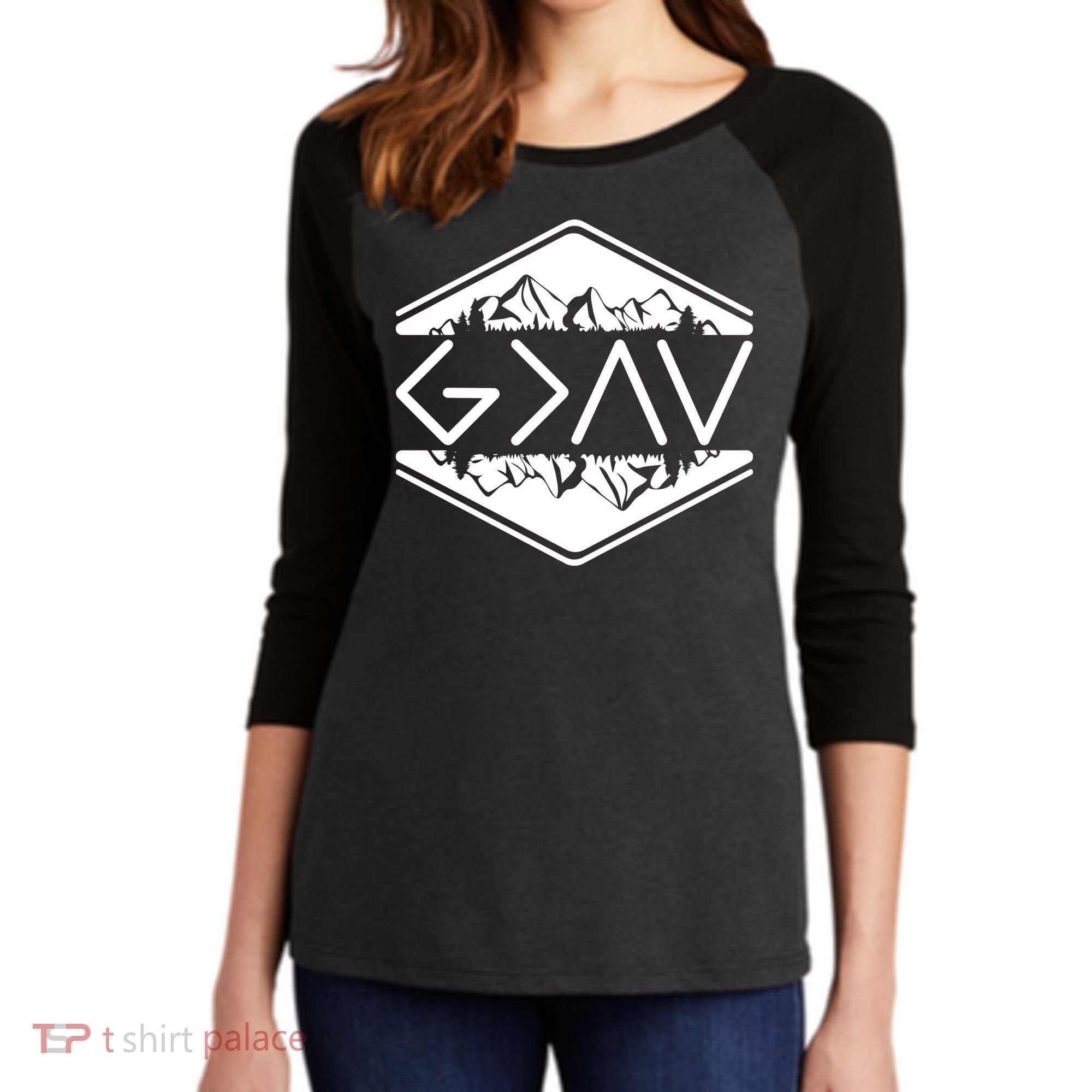 Inspirational Christian God Is Greater Than The High And Lows Camping Women's Tri-Blend 3/4-Sleeve Raglan Shirt