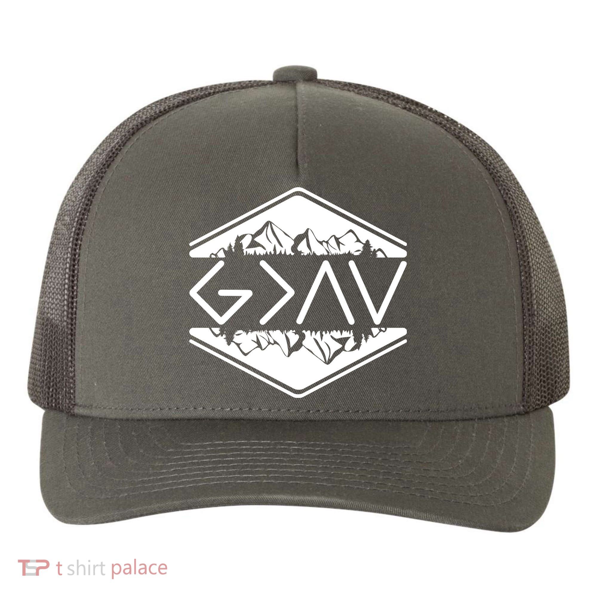 Inspirational Christian God Is Greater Than The High And Lows Camping Yupoong Adult 5-Panel Trucker Hat