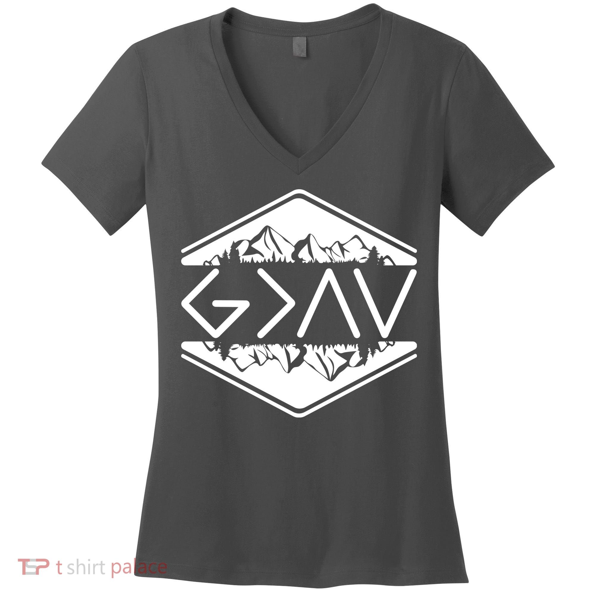 Inspirational Christian God Is Greater Than The High And Lows Camping Women's V-Neck T-Shirt
