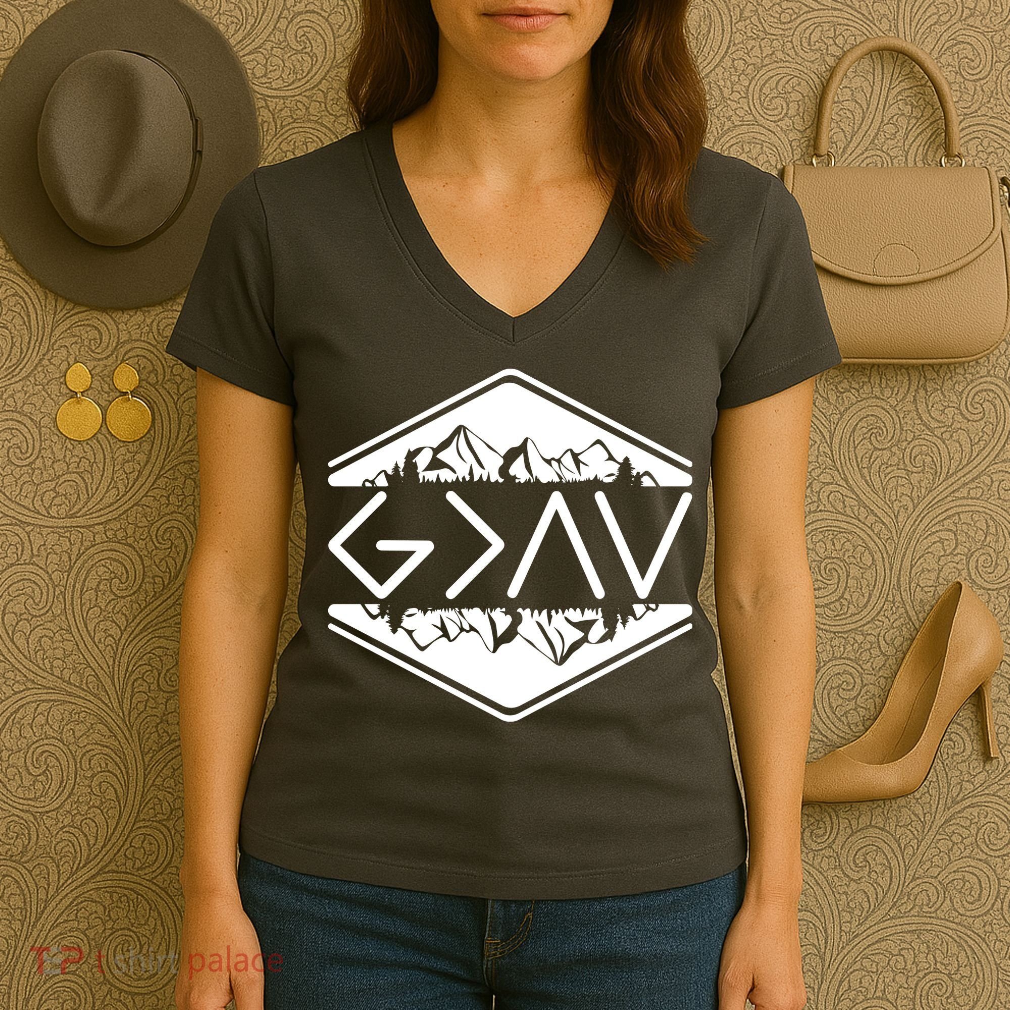 Inspirational Christian God Is Greater Than The High And Lows Camping Women's V-Neck T-Shirt