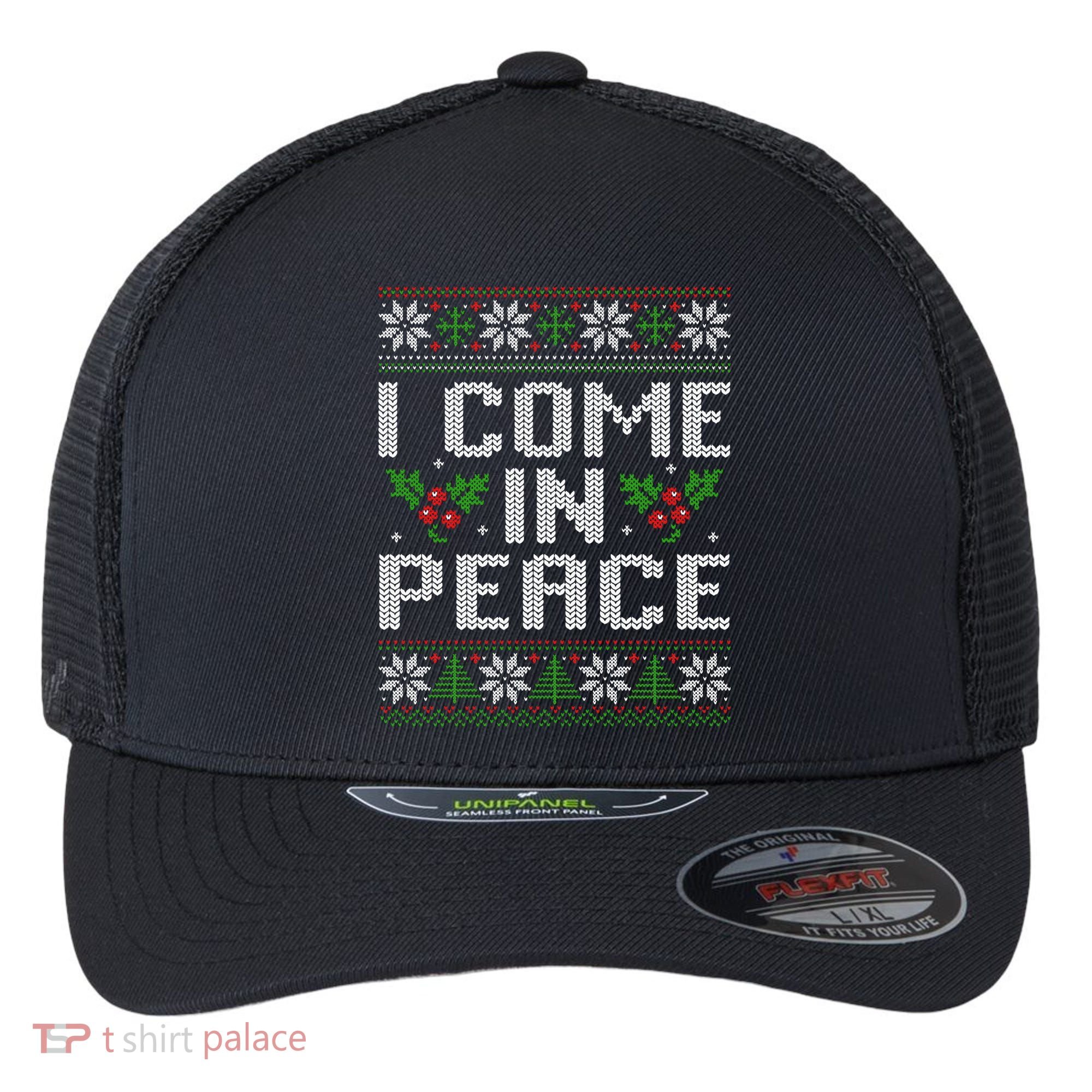 I Come In Peace Couple Matching Ugly Christmas Sweater Flexfit Unipanel Trucker Cap