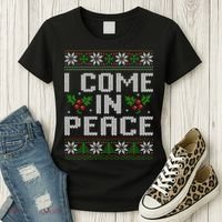 I Come In Peace Couple Matching Ugly Christmas Sweater Women's T-Shirt thumb 3