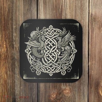 Intricate Celtic Knot With Dragon And Phoenix Coaster