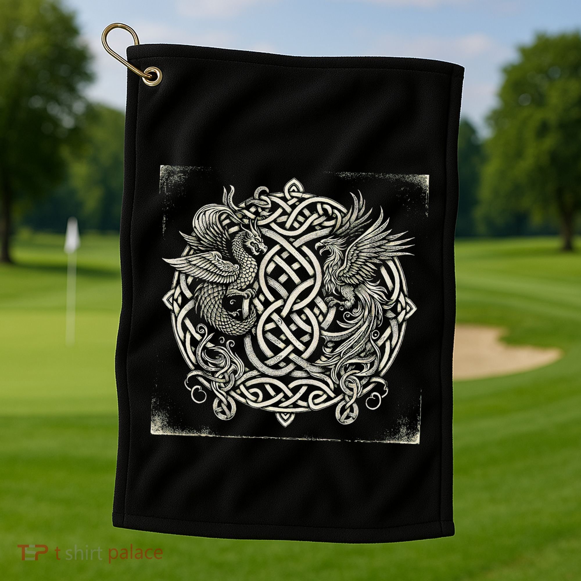 Intricate Celtic Knot With Dragon And Phoenix Golf Towel