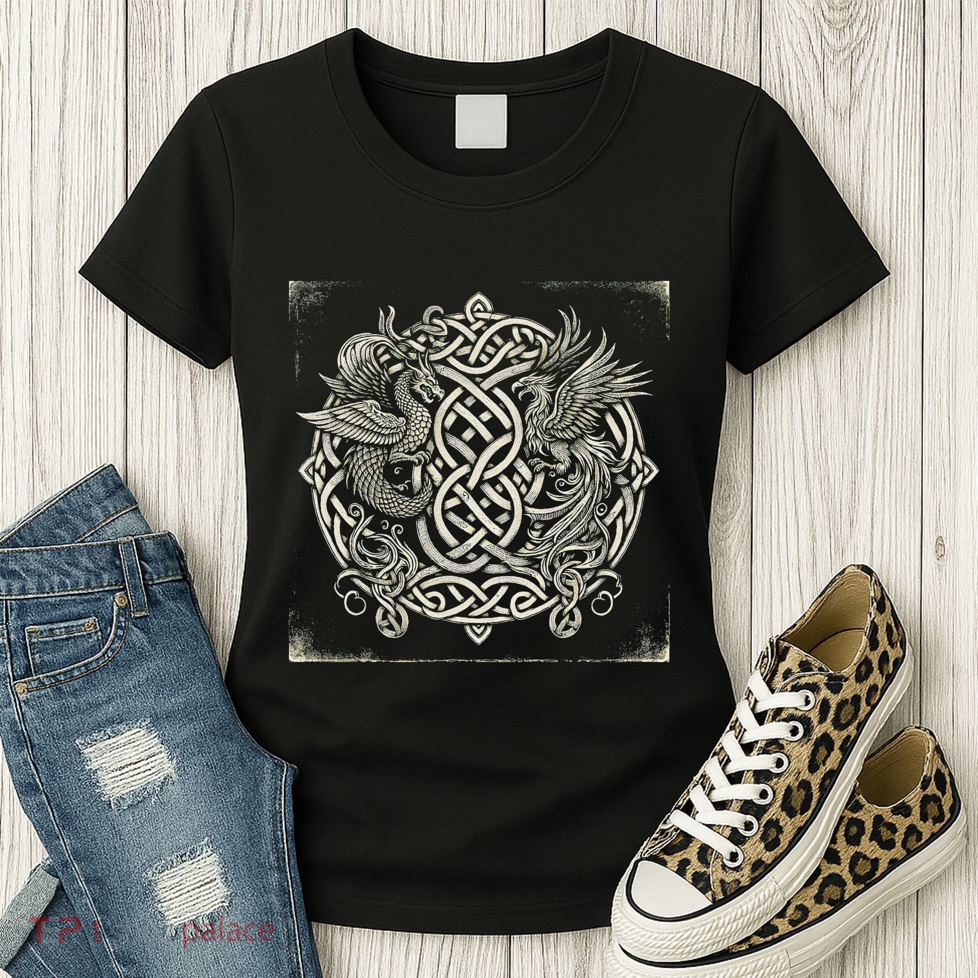 Intricate Celtic Knot With Dragon And Phoenix Women's T-Shirt