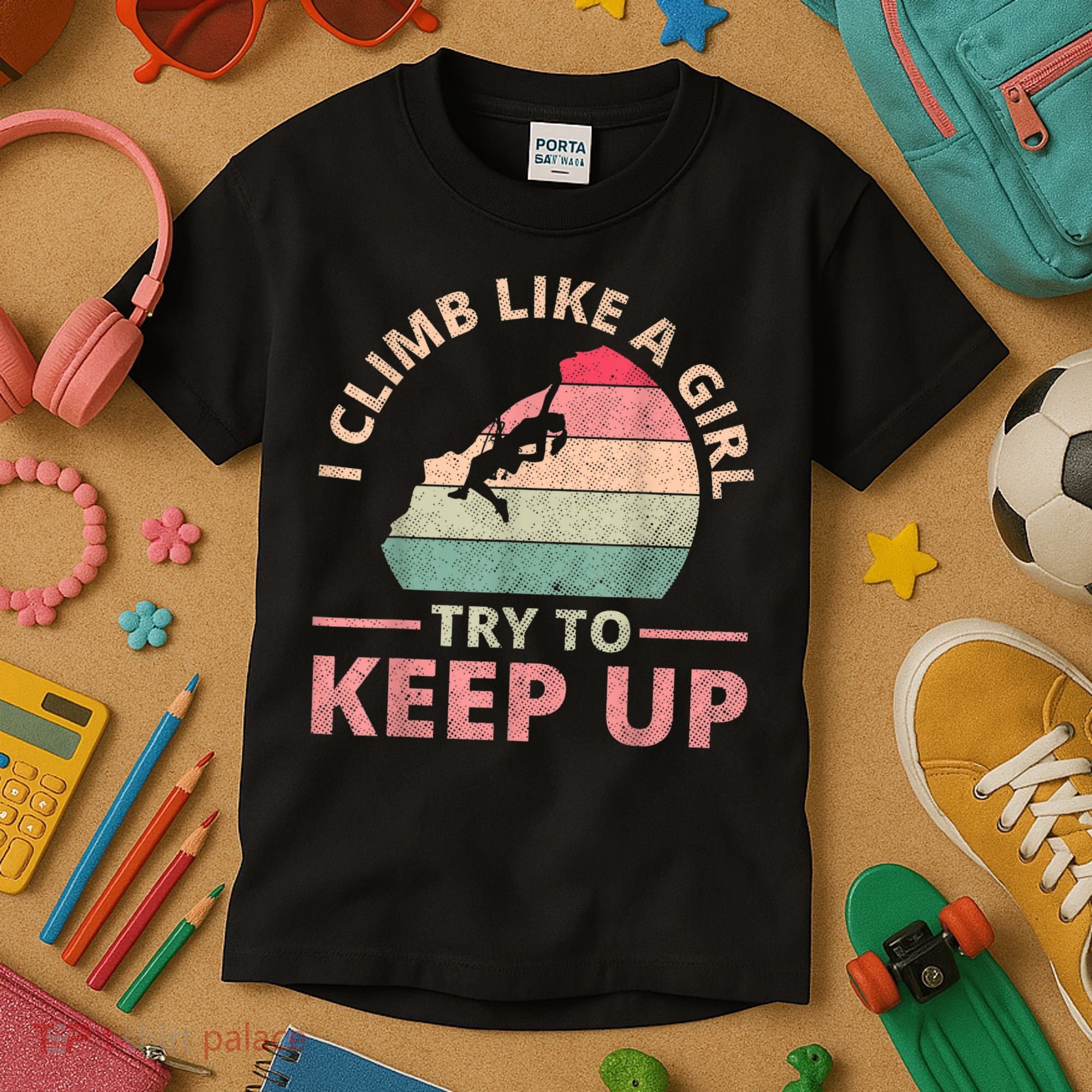I Climb Like A Girl Rock Climbing Sunset Retro Kids T-Shirt