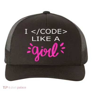 I Code Like A Girl Funny Binary Coding Computer Science Yupoong Adult 5-Panel Trucker Hat