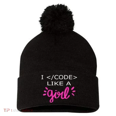 I Code Like A Girl Funny Binary Coding Computer Science Pom Pom 12in Knit Beanie
