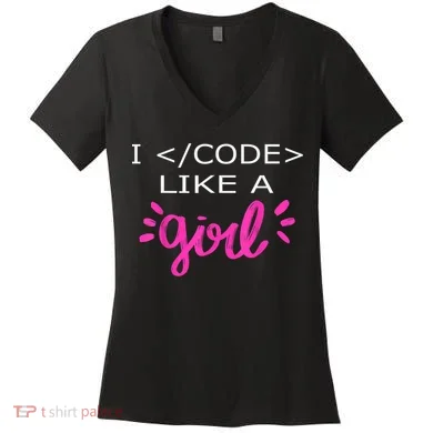 I Code Like A Girl Funny Binary Coding Computer Science Women's V-Neck T-Shirt