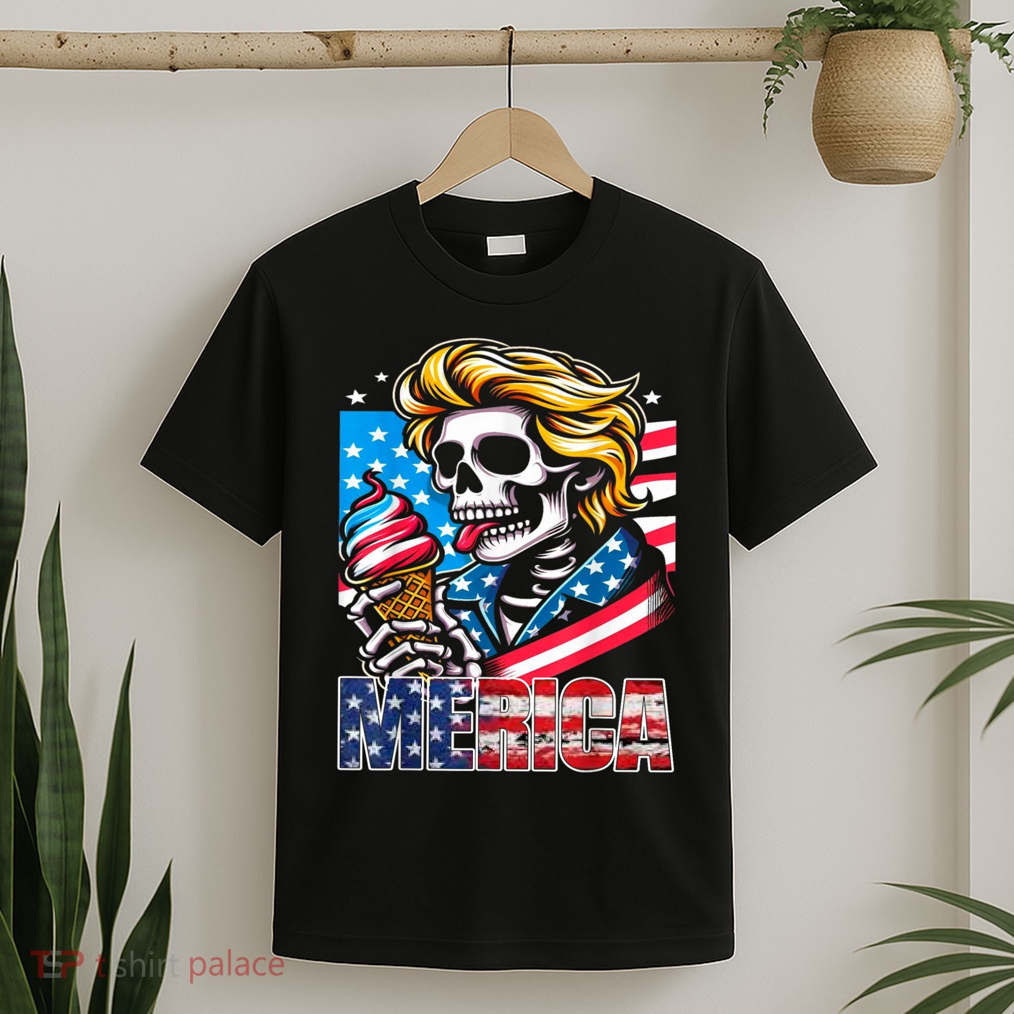 Ice Cream Merica Skull Usa Flag Hair President 4th Of July T-Shirt