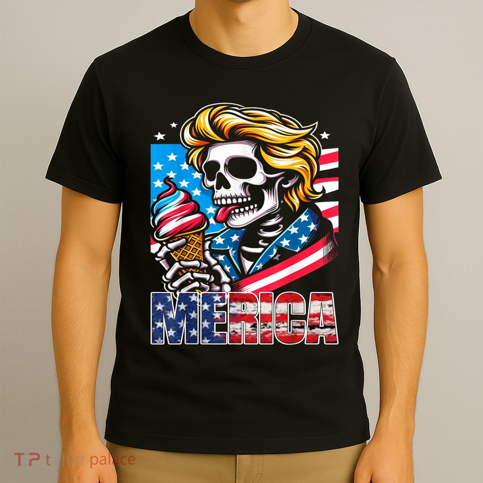 Ice Cream Merica Skull Usa Flag Hair President 4th Of July T-Shirt