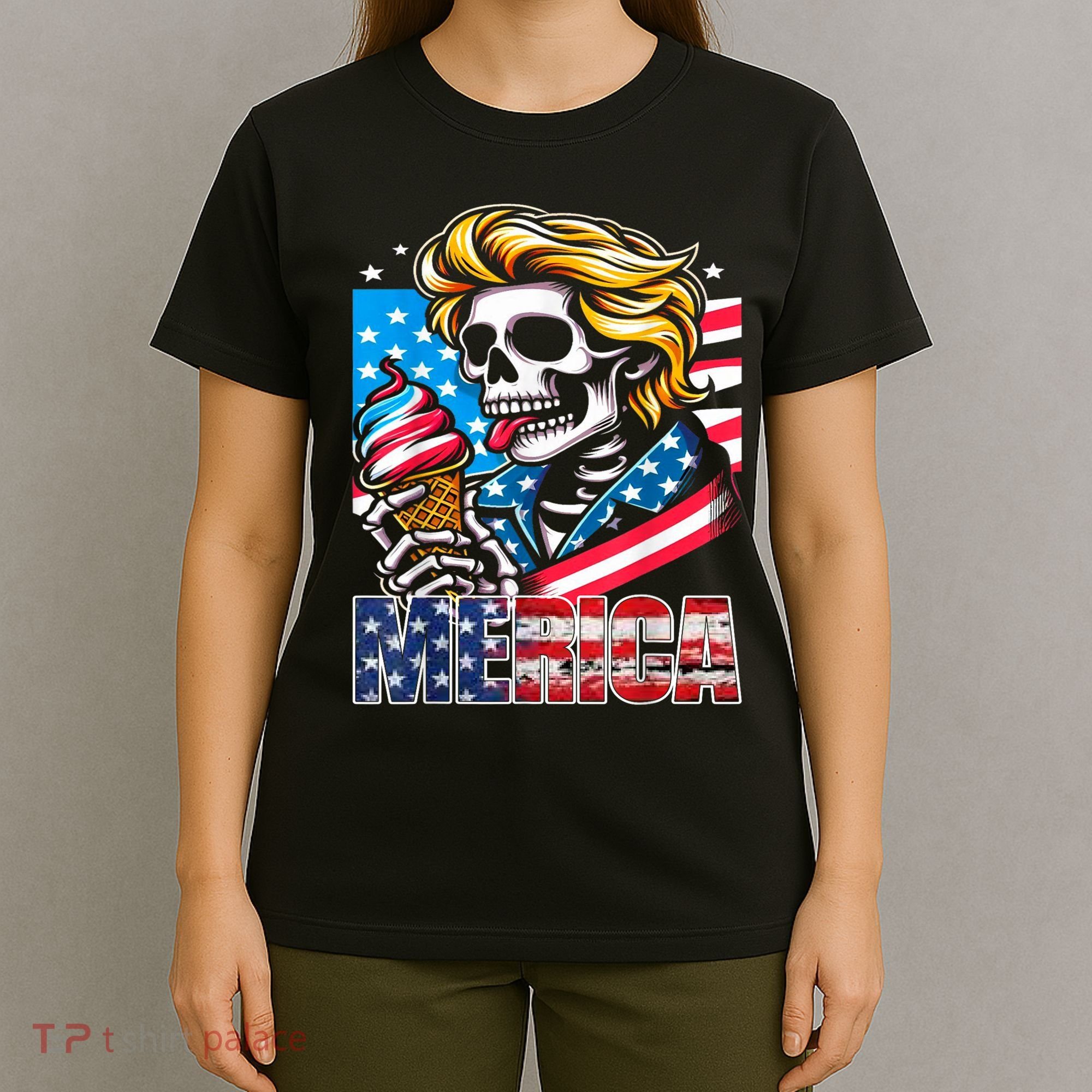 Ice Cream Merica Skull Usa Flag Hair President 4th Of July T-Shirt