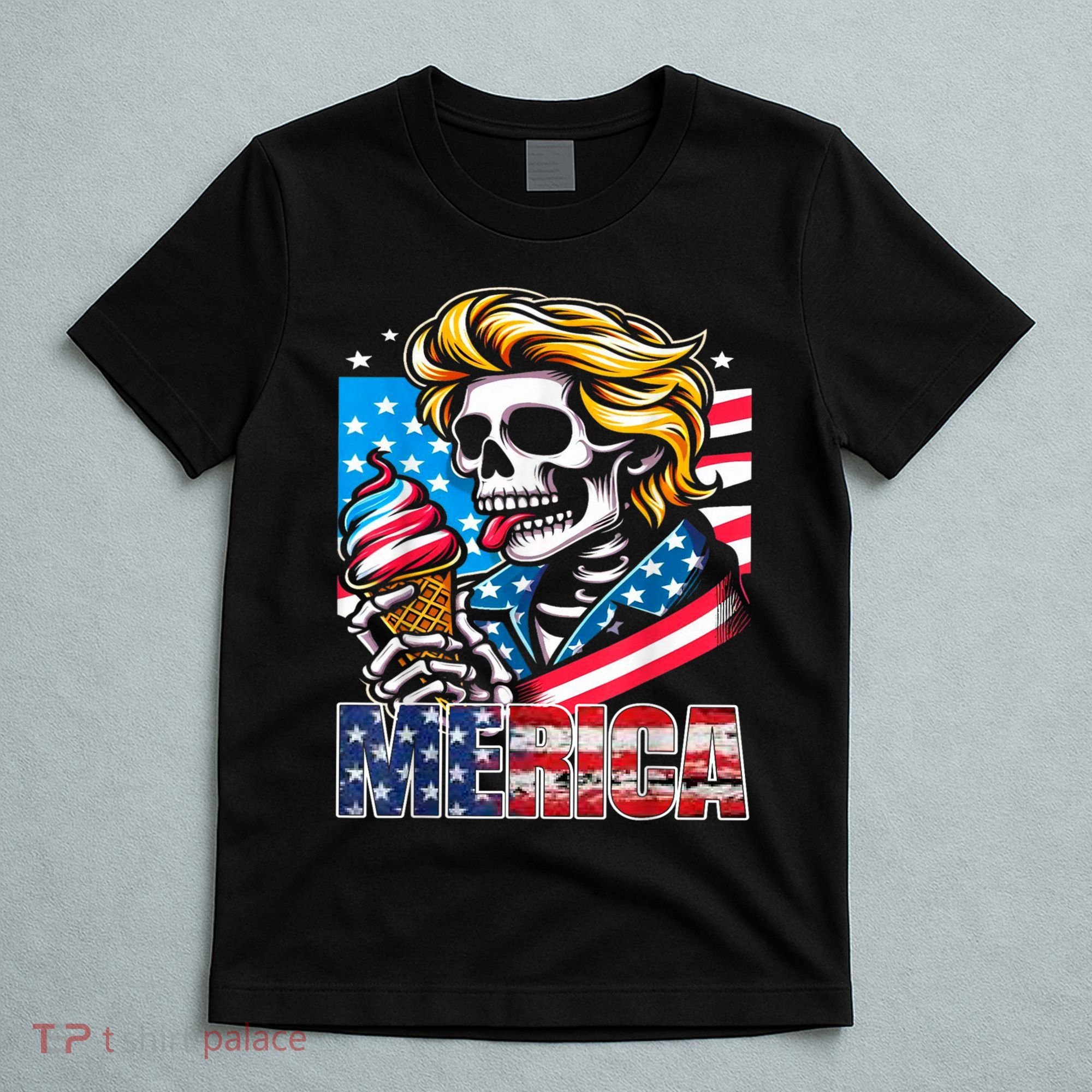 Ice Cream Merica Skull Usa Flag Hair President 4th Of July T-Shirt