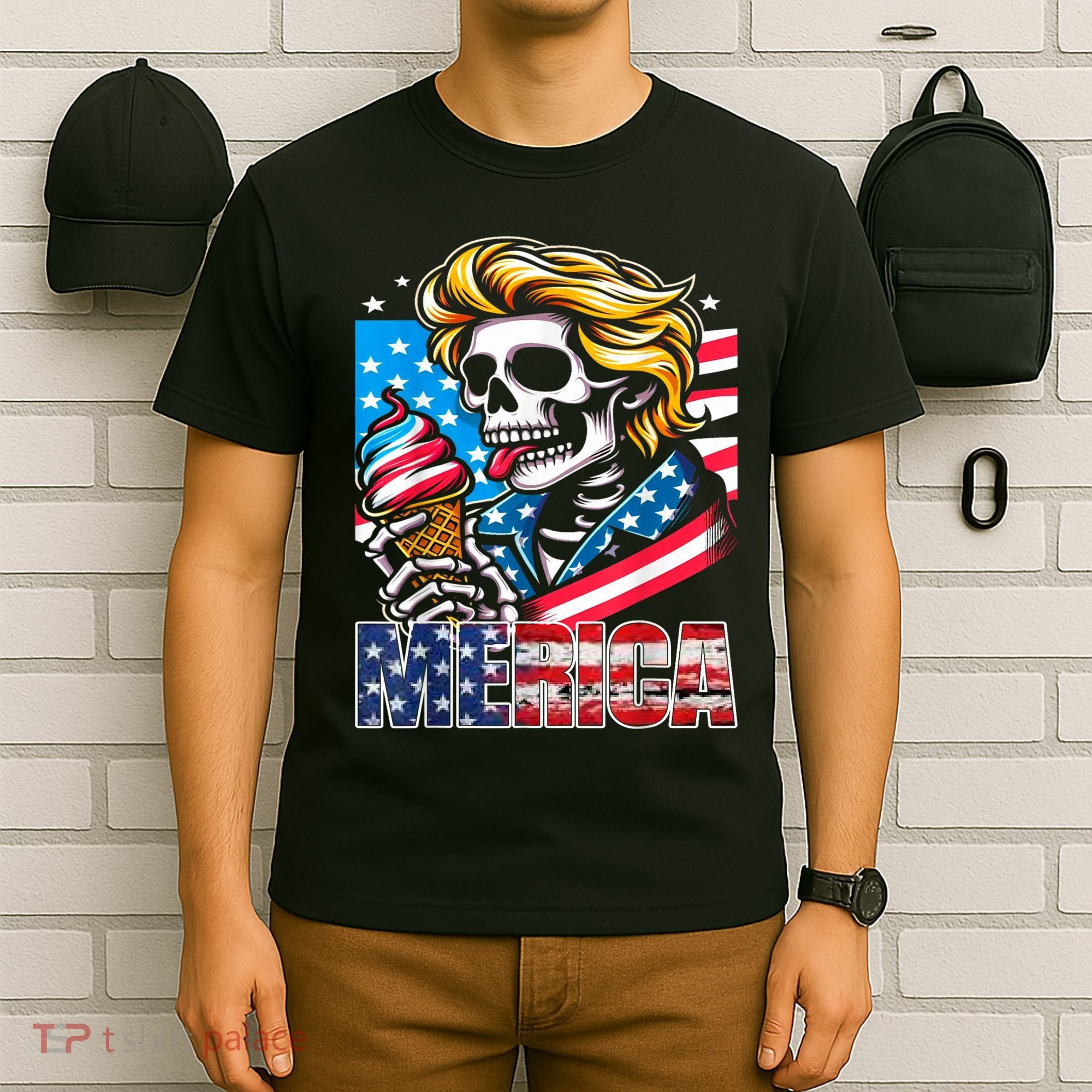 Ice Cream Merica Skull Usa Flag Hair President 4th Of July T-Shirt