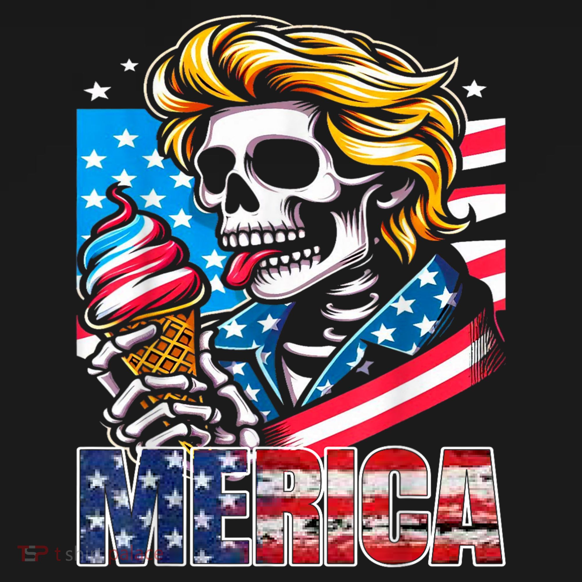Ice Cream Merica Skull Usa Flag Hair President 4th Of July T-Shirt
