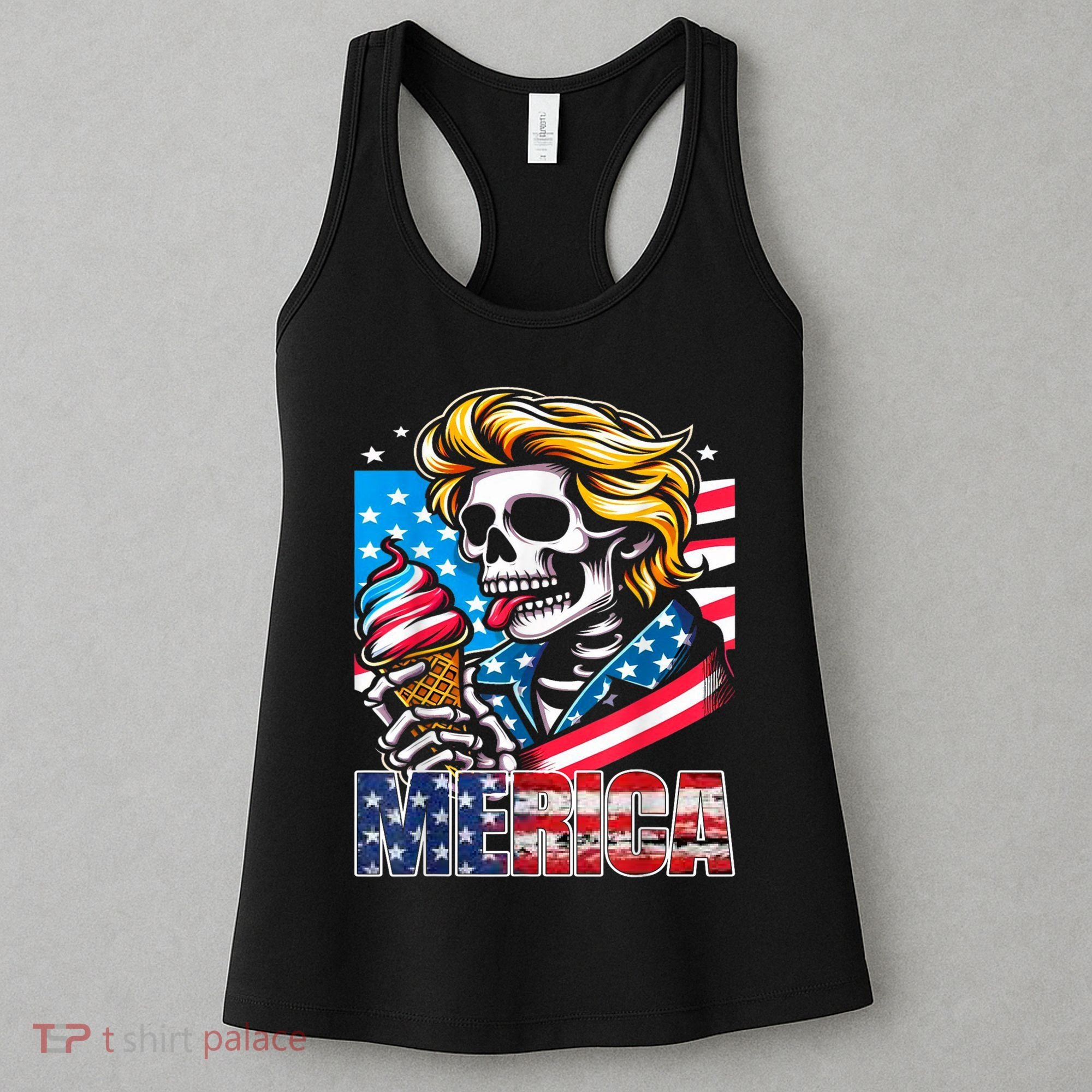Ice Cream Merica Skull Usa Flag Hair President 4th Of July Women's Tank Top