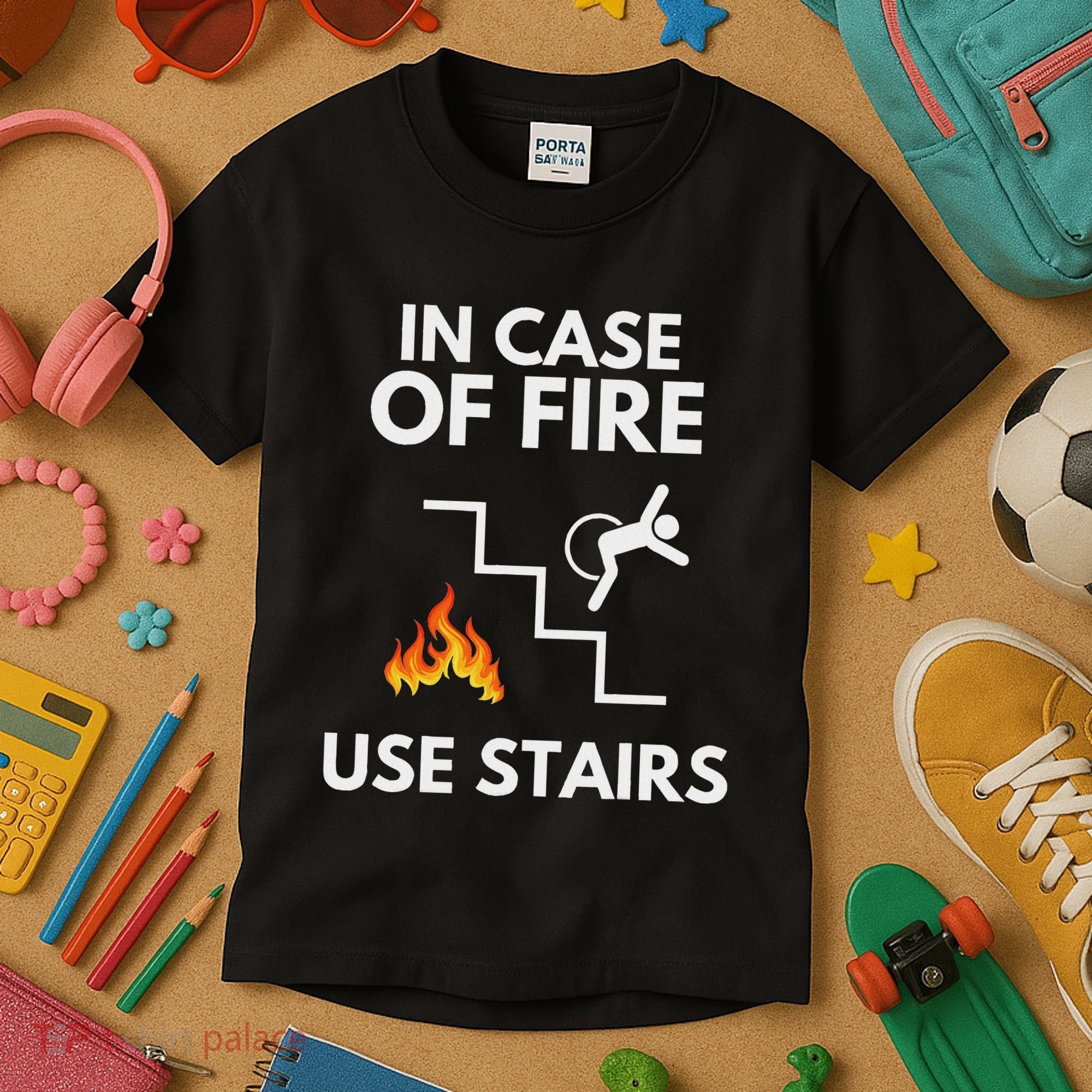 In Case Of Fire Use Stairs Funny Disabled Wheelchair Kids T-Shirt