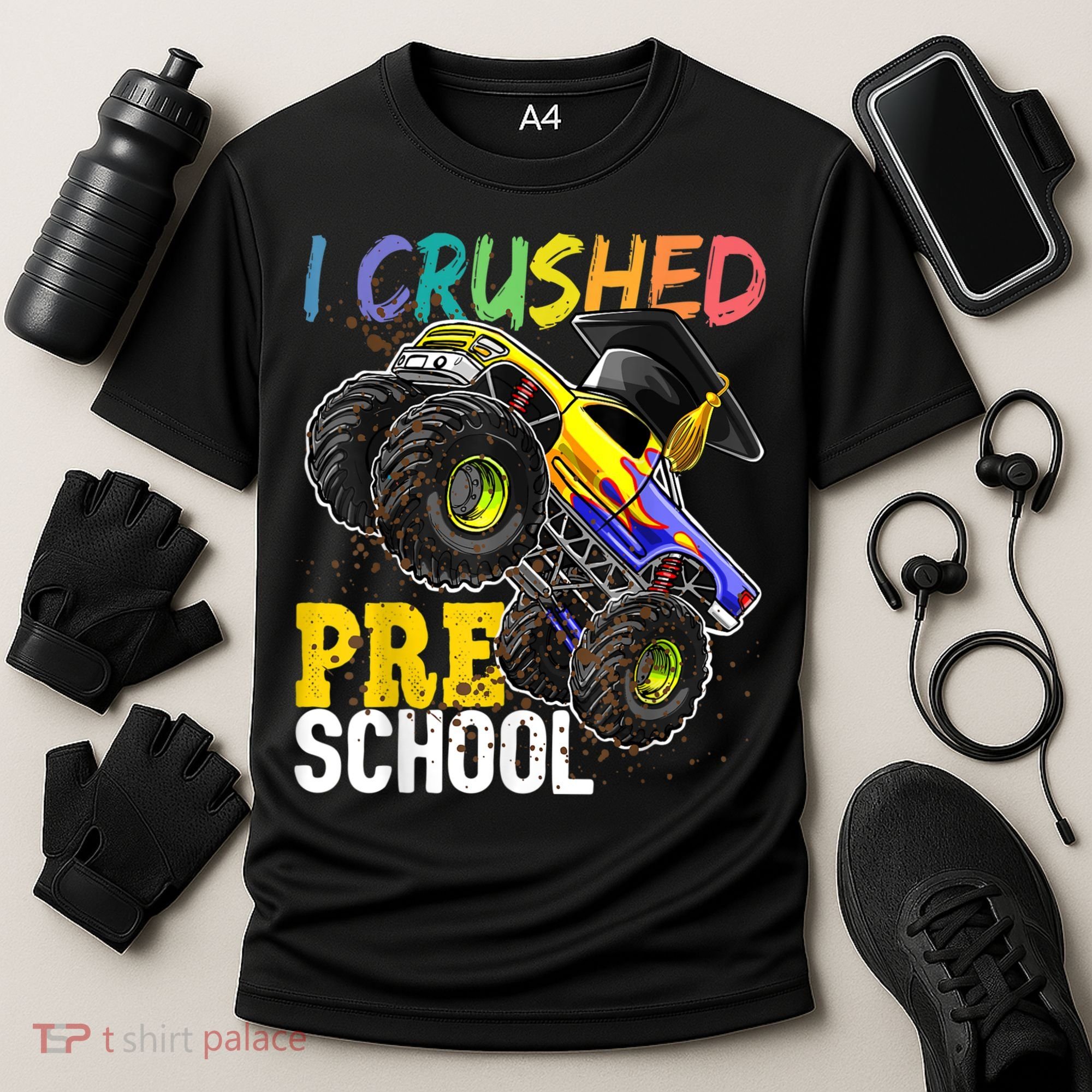 I Crushed Preschool Monster Truck Graduation Cap Gift Boys Cooling Performance Crew T-Shirt