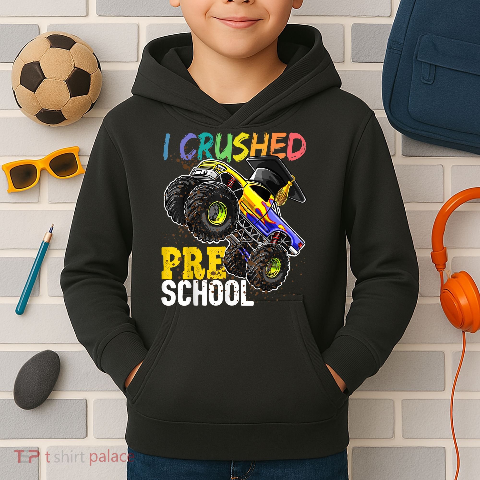 I Crushed Preschool Monster Truck Graduation Cap Gift Boys Kids Hoodie