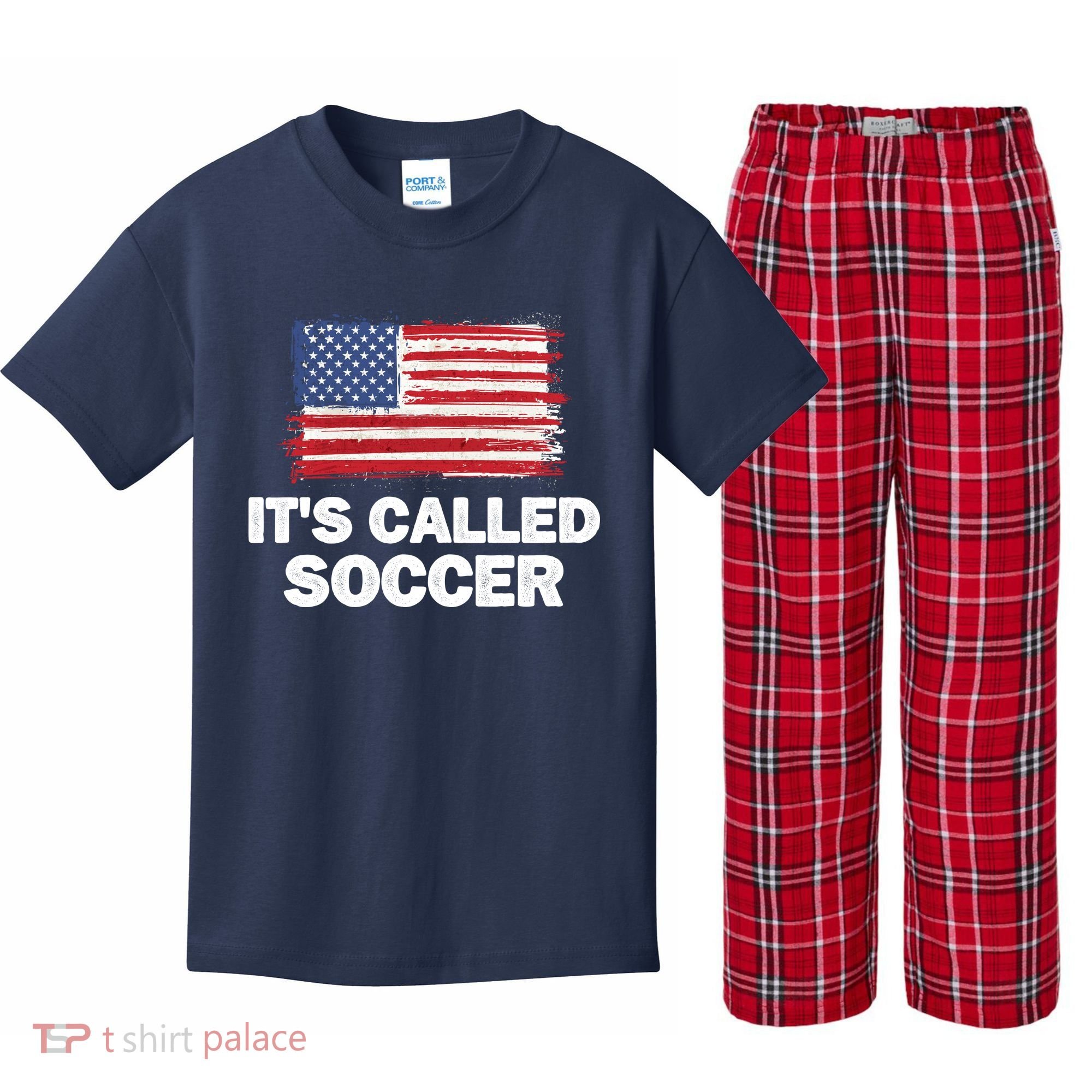 It's Called Soccer World Usa Football Cup Kids Plaid Pajama Set