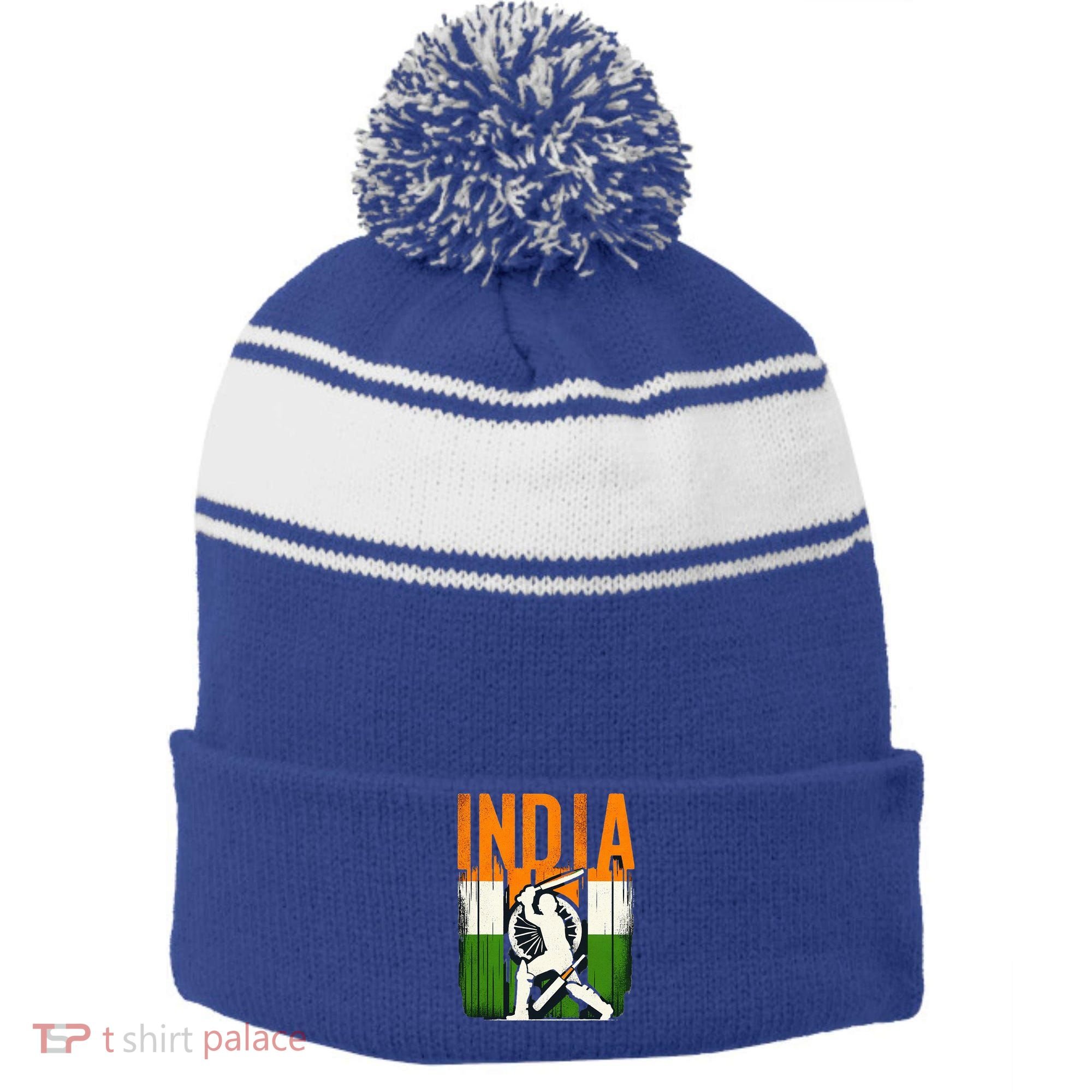 India Cricket Supporters Jersey  Indian Cricket Fans  Stripe Pom Pom Beanie