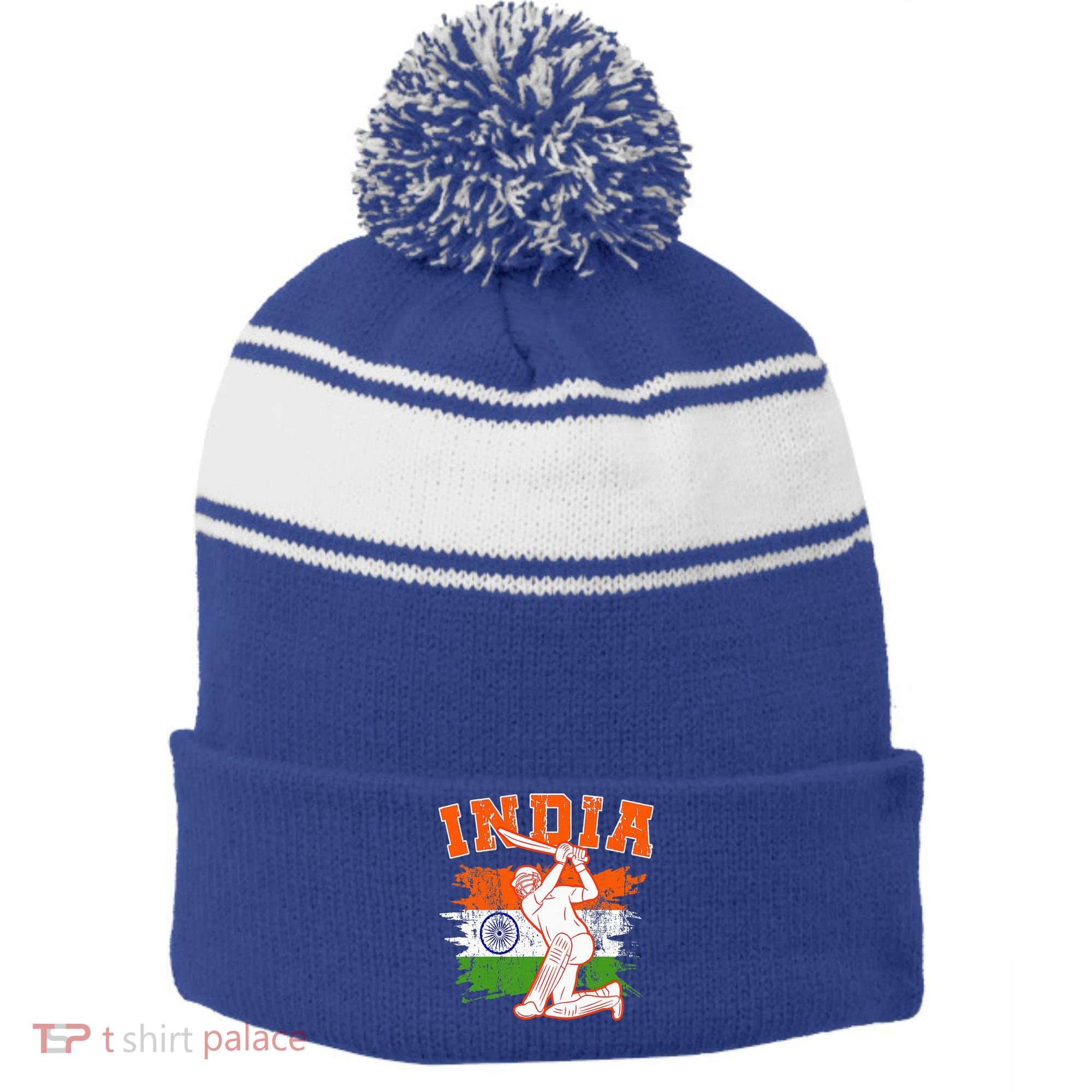 India Cricket Supporters Jersey  Indian Cricket Fans  Stripe Pom Pom Beanie