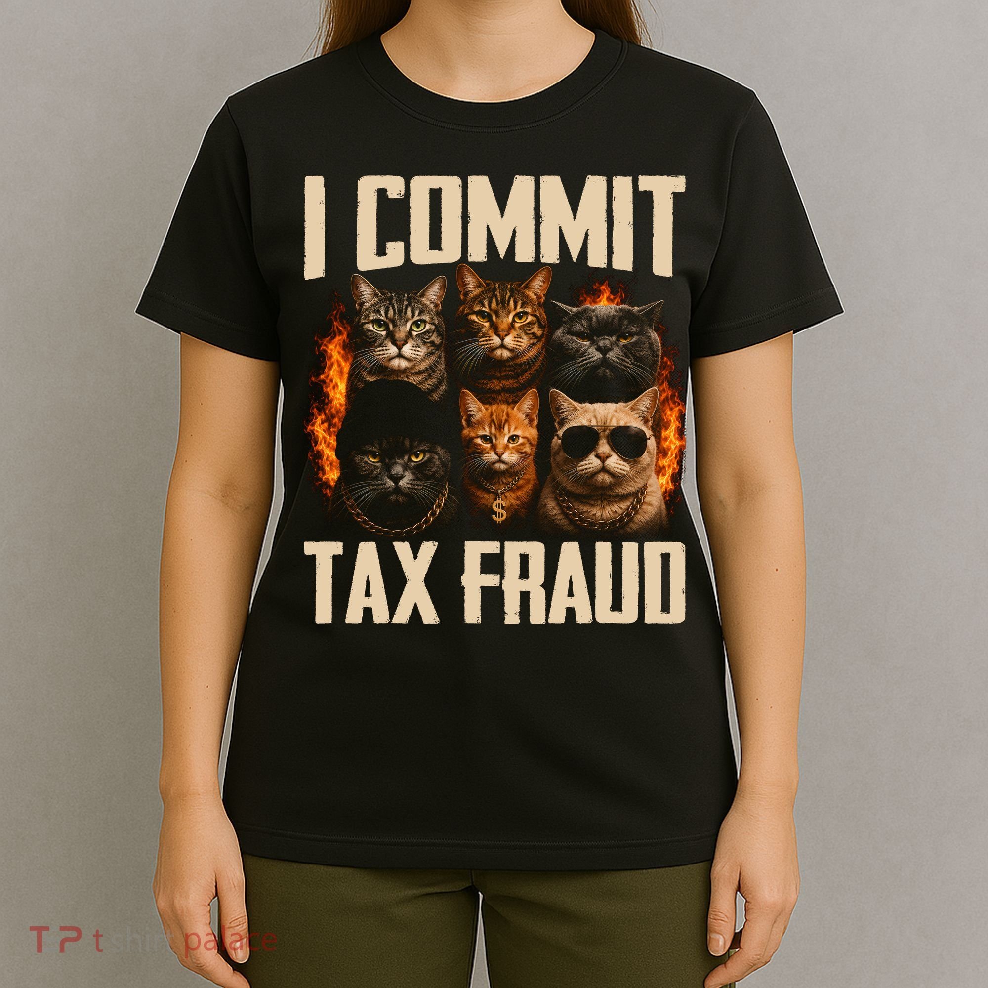 I Commit Tax Fraud Funny Cat Crew T-Shirt