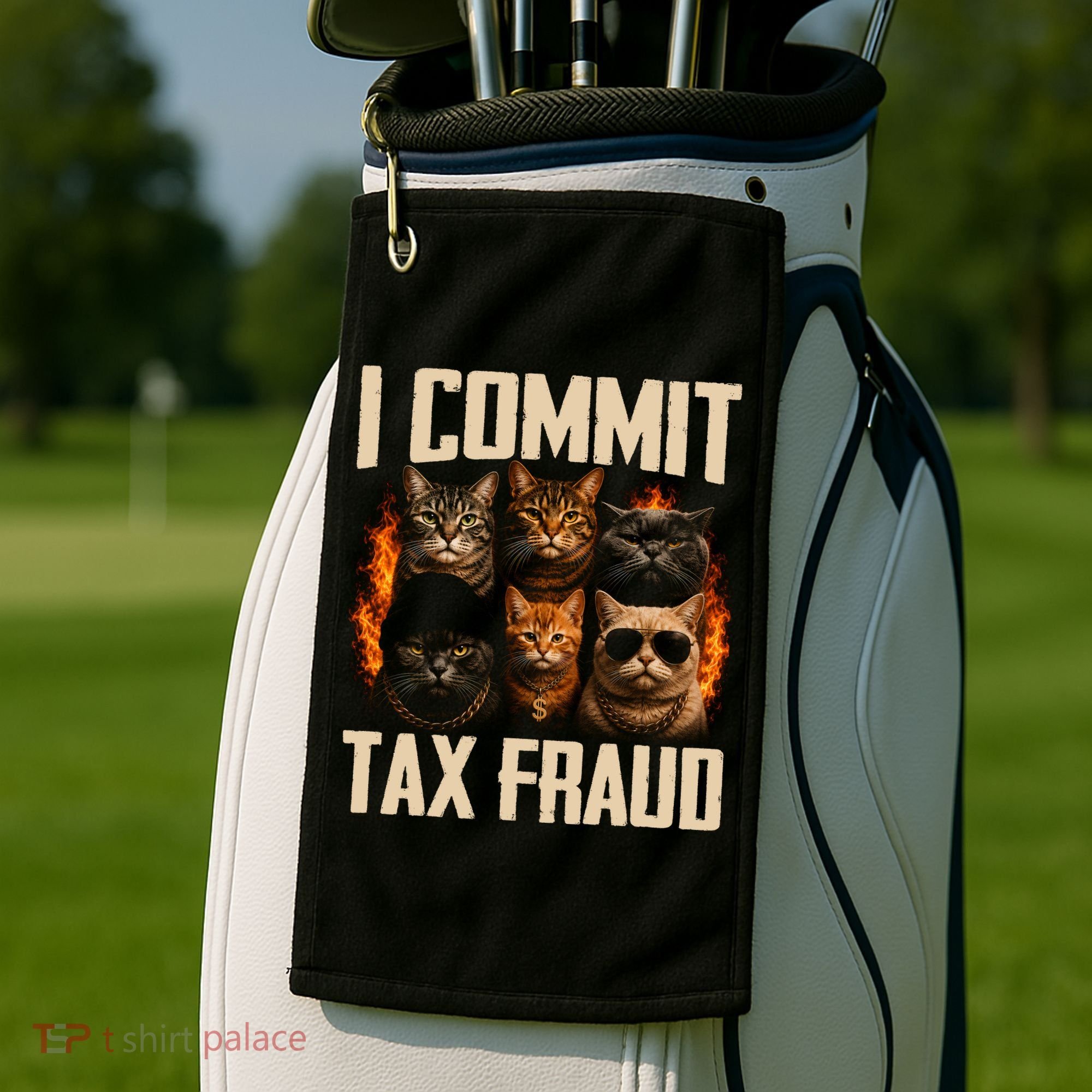 I Commit Tax Fraud Funny Cat Crew Golf Towel