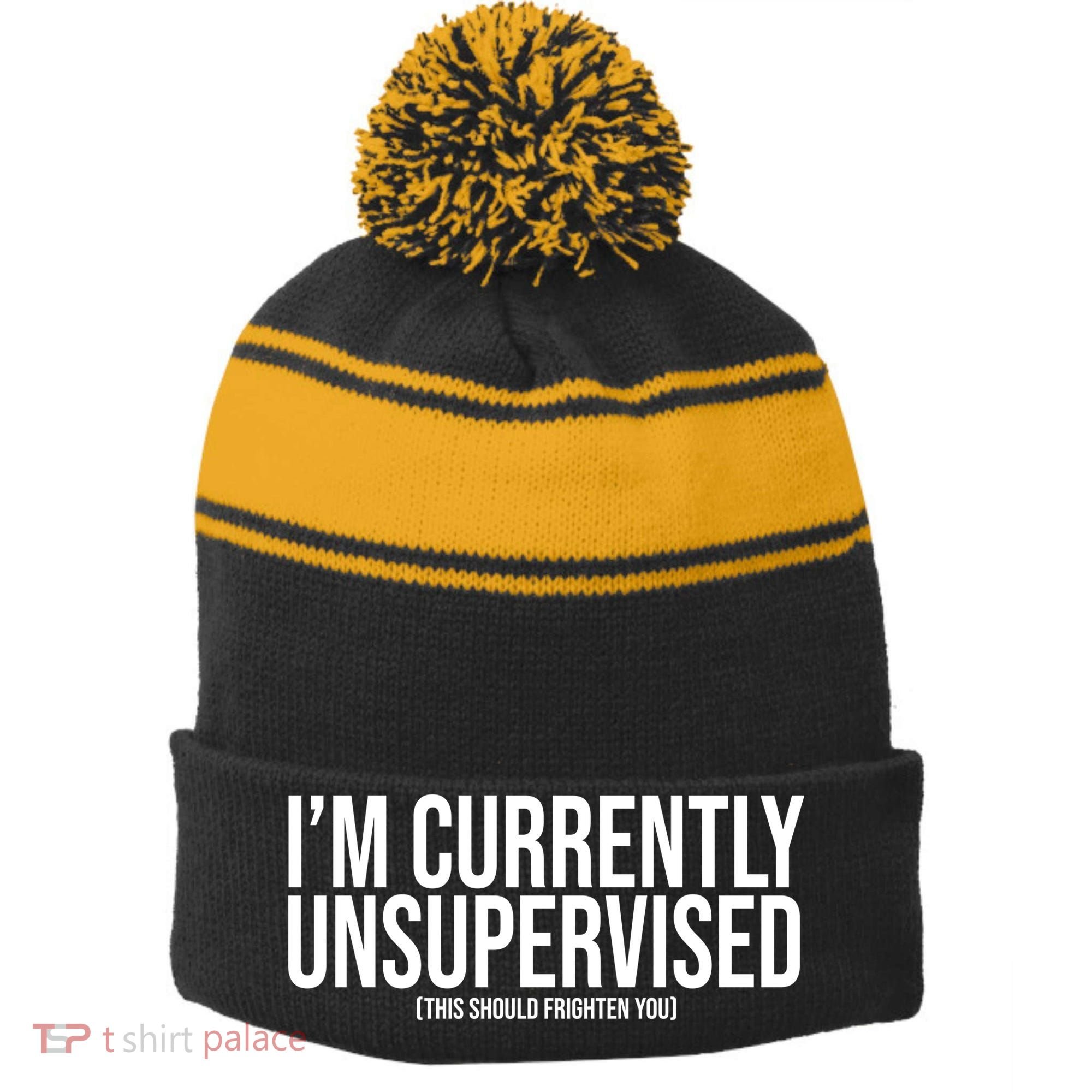 Im Currently Unsupervised This Should Frighten You Funny Stripe Pom Pom Beanie