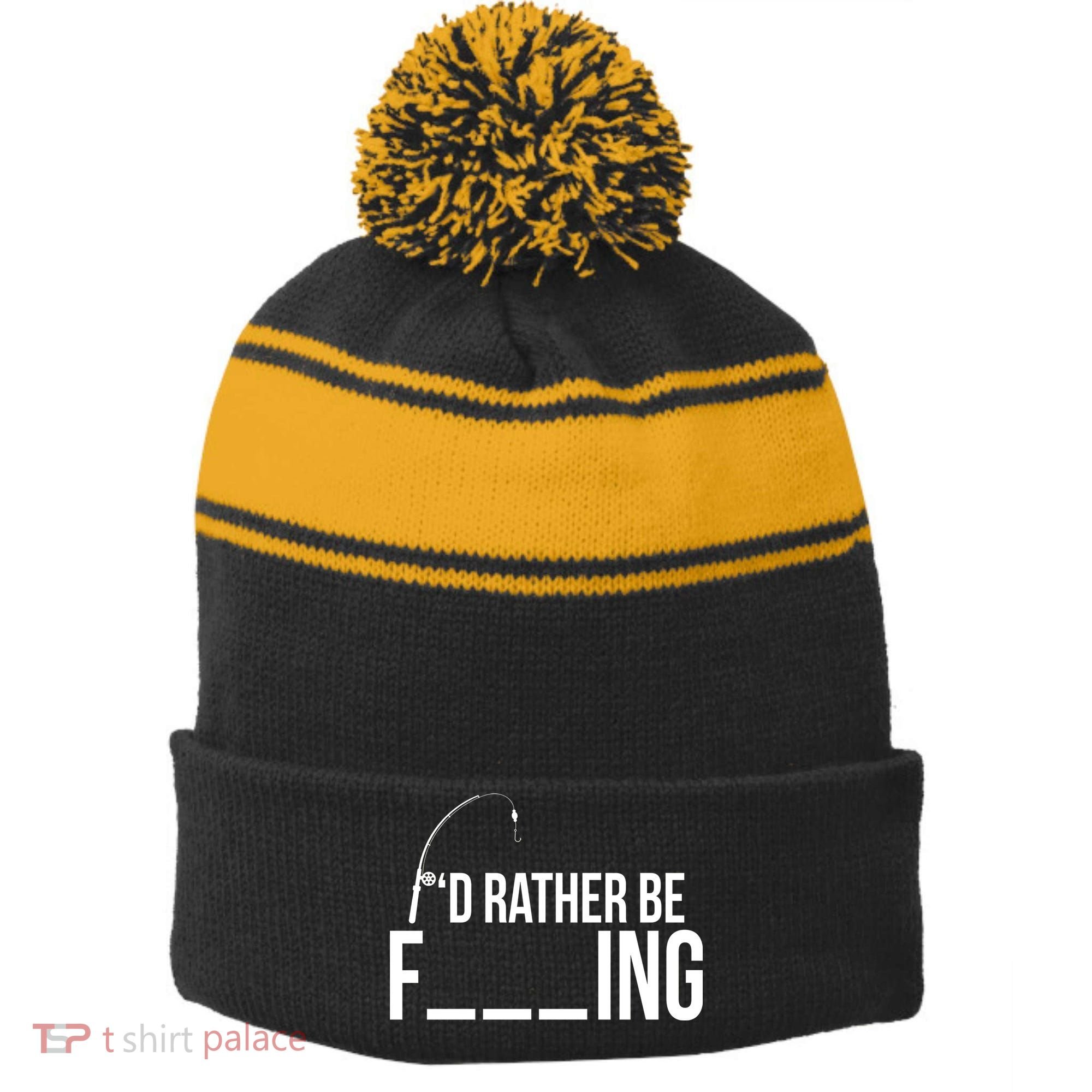 I'd Rather Be Fishing Funny Fisherman Stripe Pom Pom Beanie