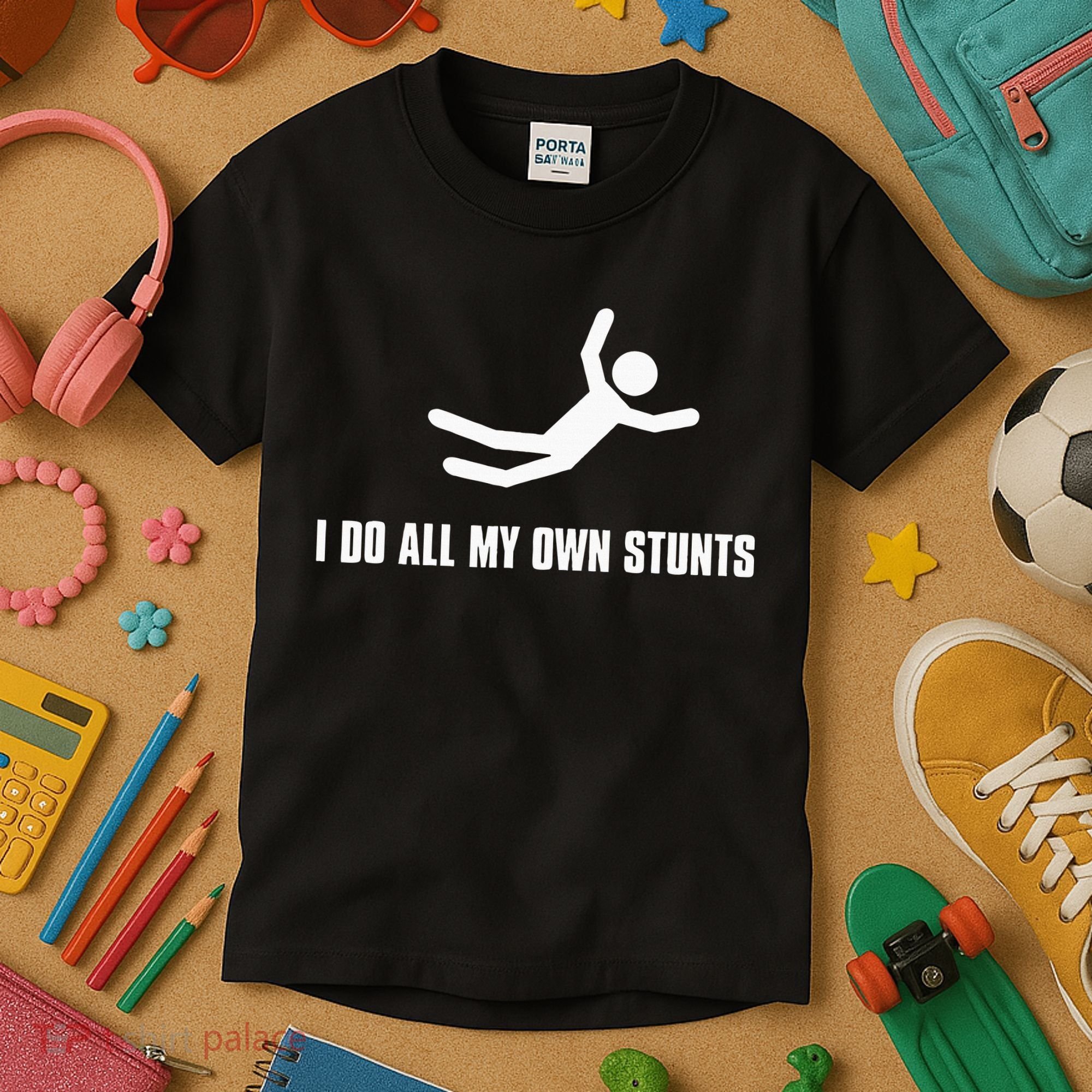 I Do All My Own Stunts Dark Kids T-Shirt