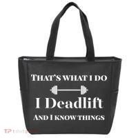I Deadlift And I Know Things. Funny Powerlifting Weight Lift Gift Tote Bag thumb 0