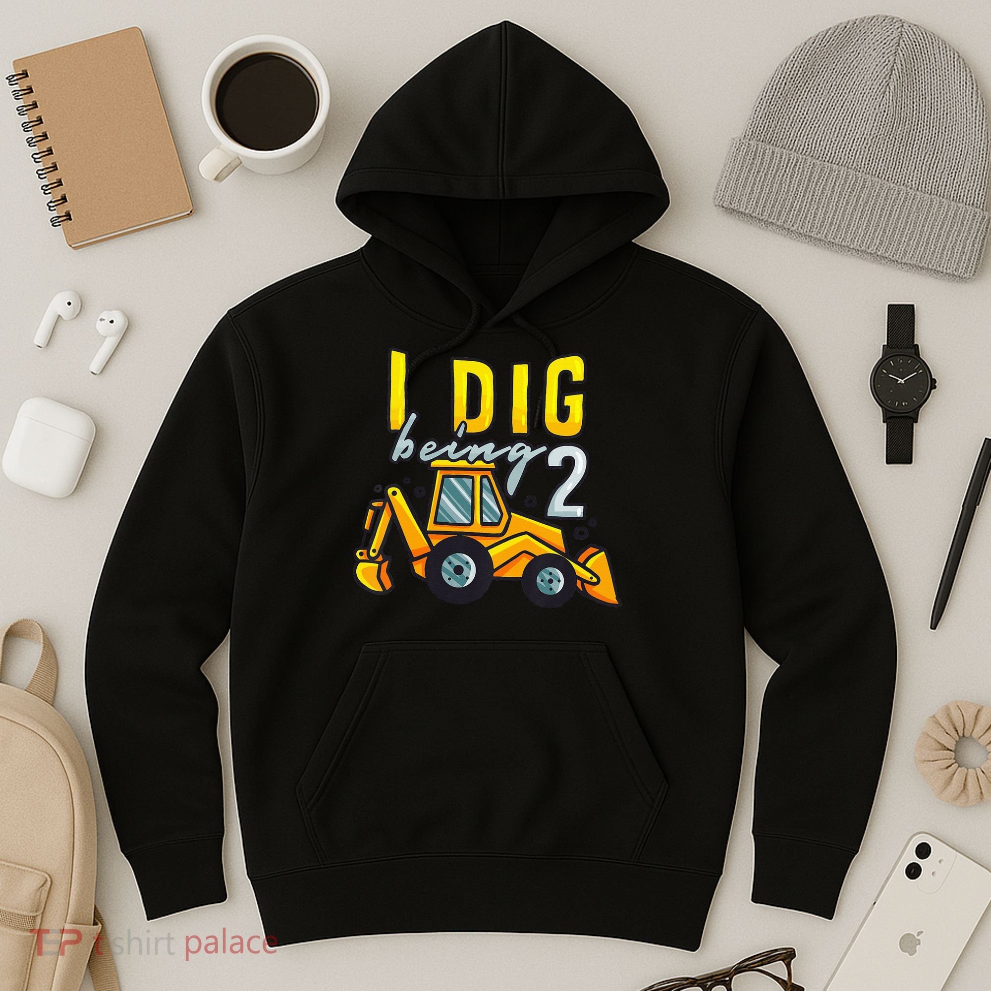 I Dig Being 2 Excavator Construction 2nd Birthday Party Hoodie