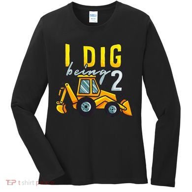 I Dig Being 2 Excavator Construction 2nd Birthday Party Women's Long Sleeve Shirt