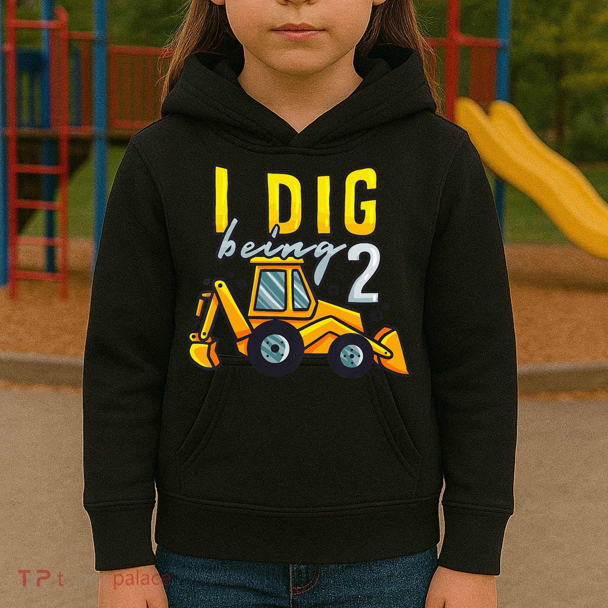I Dig Being 2 Excavator Construction 2nd Birthday Party Kids Hoodie