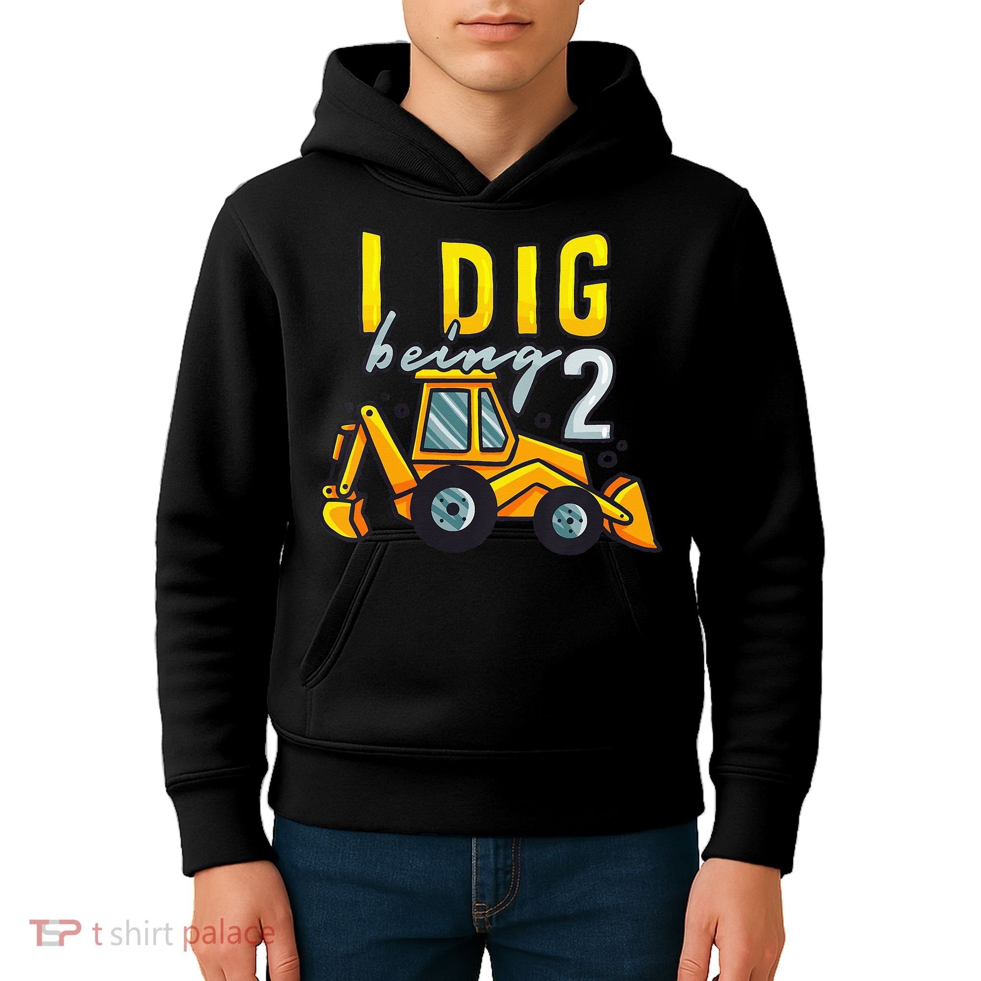I Dig Being 2 Excavator Construction 2nd Birthday Party Kids Hoodie