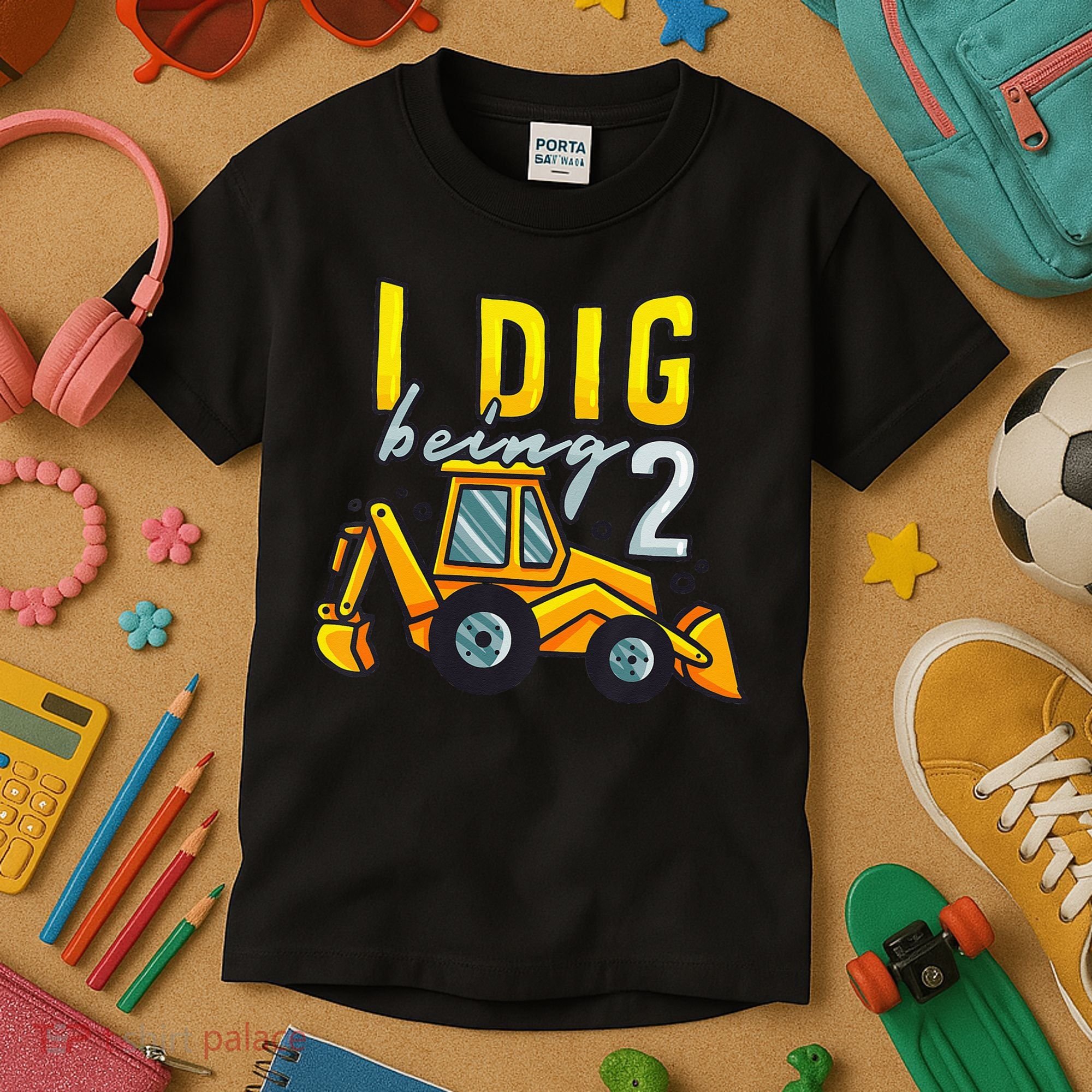 I Dig Being 2 Excavator Construction 2nd Birthday Party Kids T-Shirt