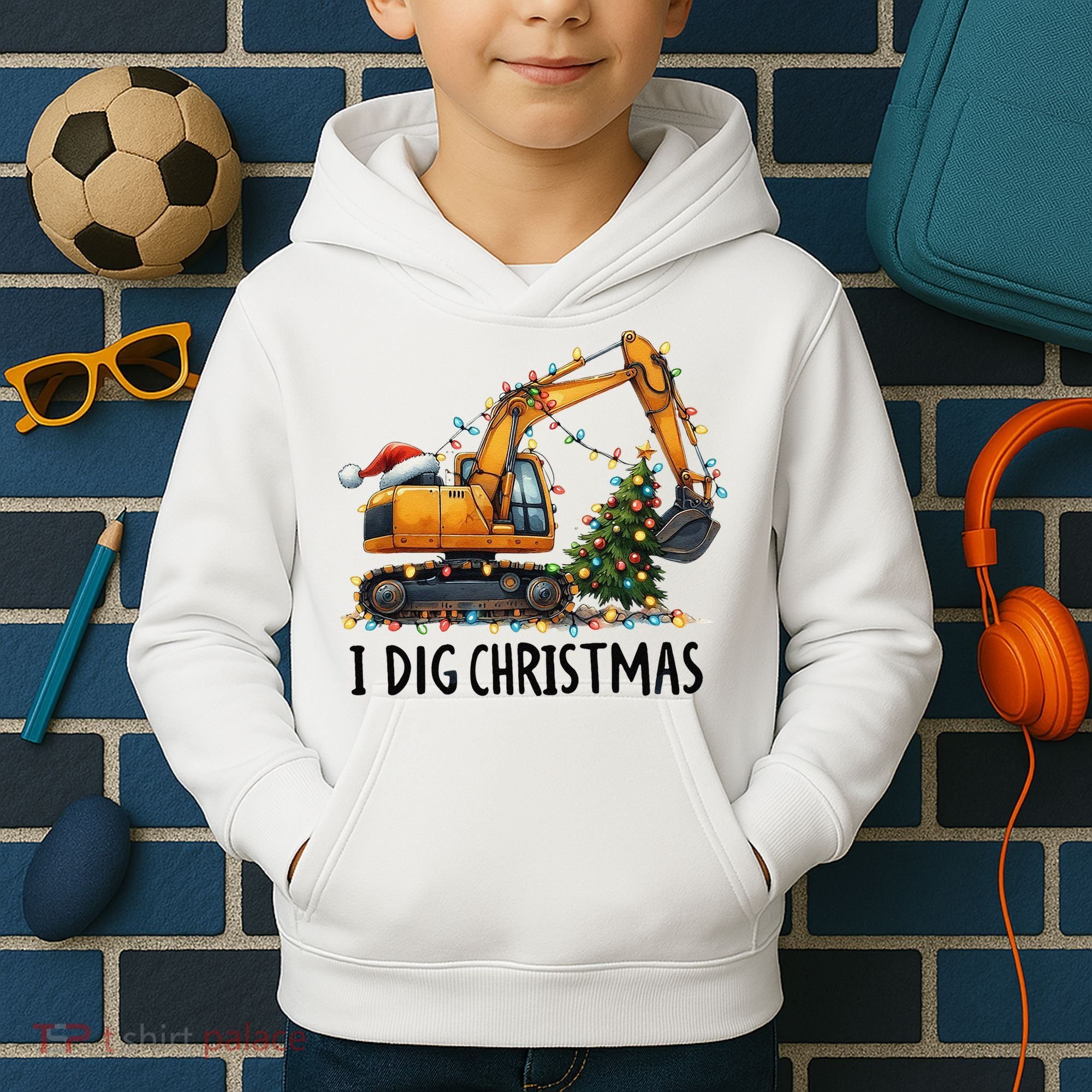 I Dig Christmas Excavator Construction Truck Digging Xmas Kids Hoodie