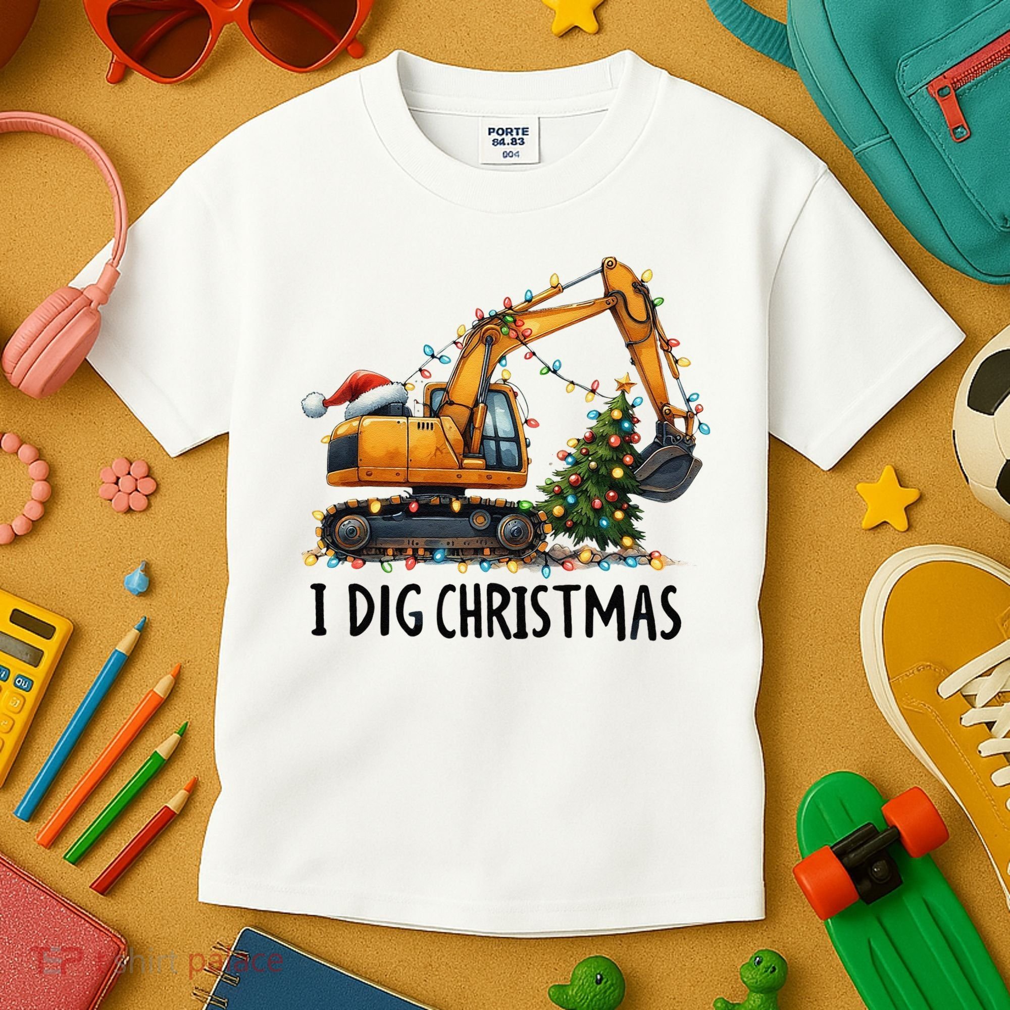 I Dig Christmas Excavator Construction Truck Digging Xmas Kids T-Shirt