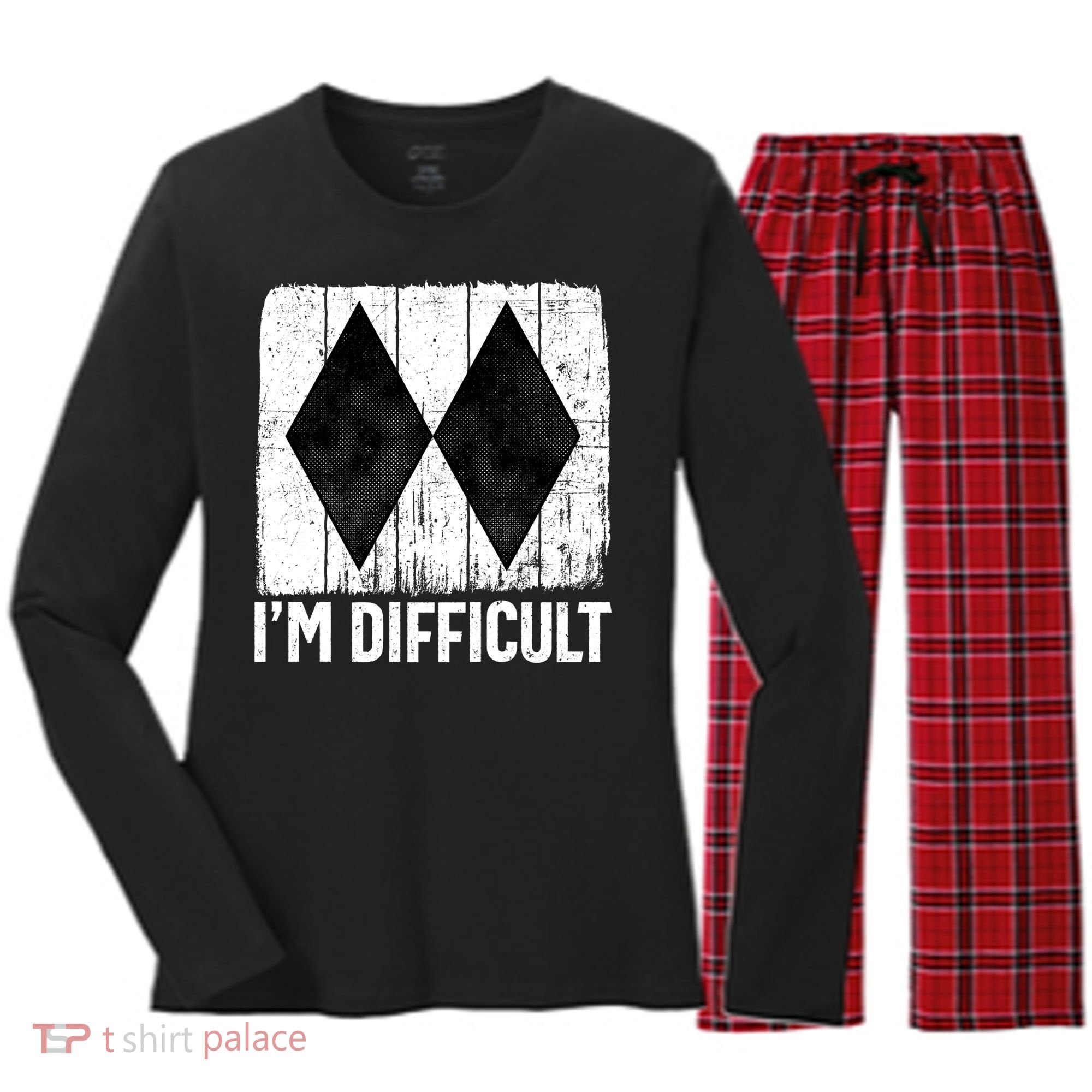 Im Difficult Double Black Diamond Ski Snowboard Gift Women's Long Sleeve Flannel Pajama Set 