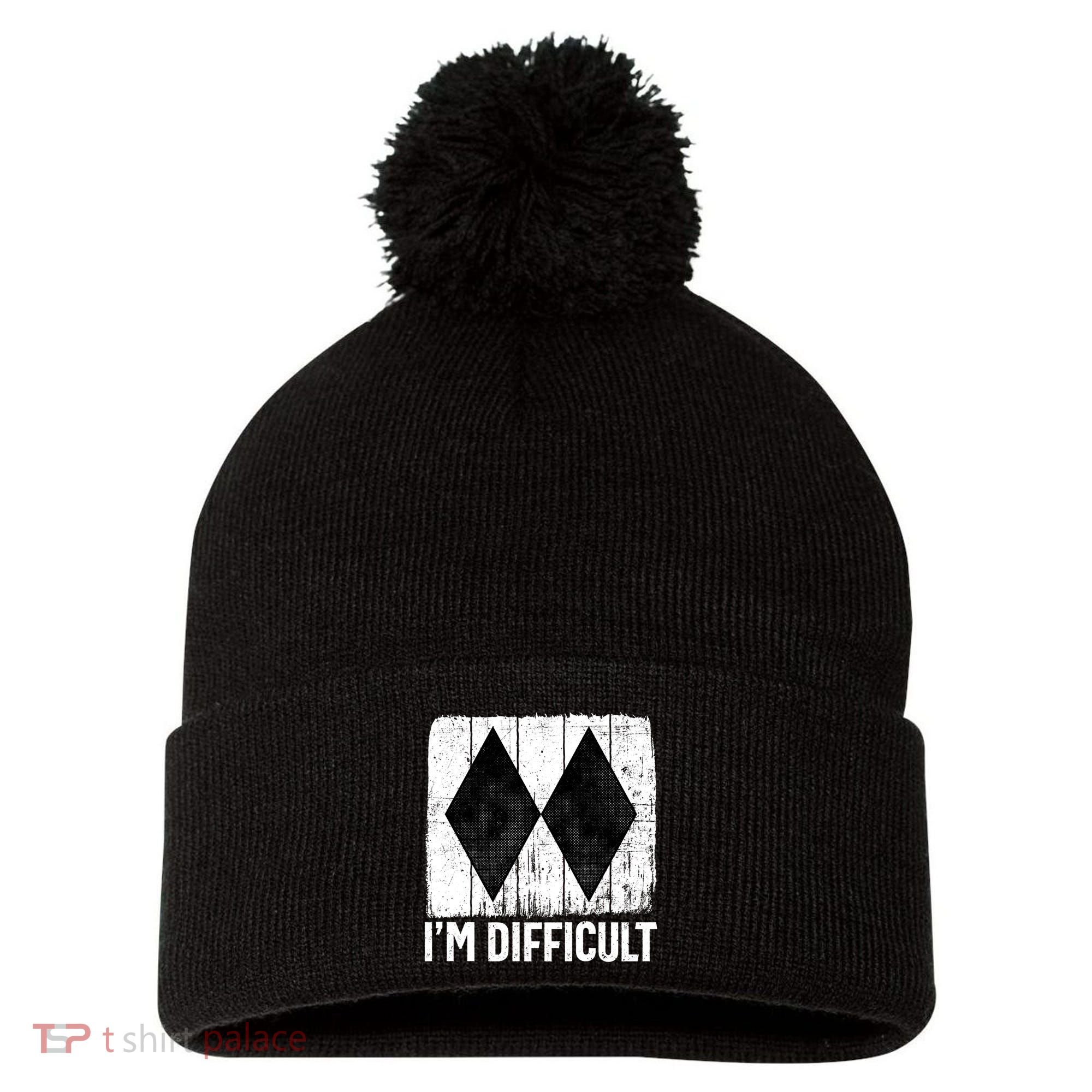 Im Difficult Double Black Diamond Ski Snowboard Gift Pom Pom 12in Knit Beanie