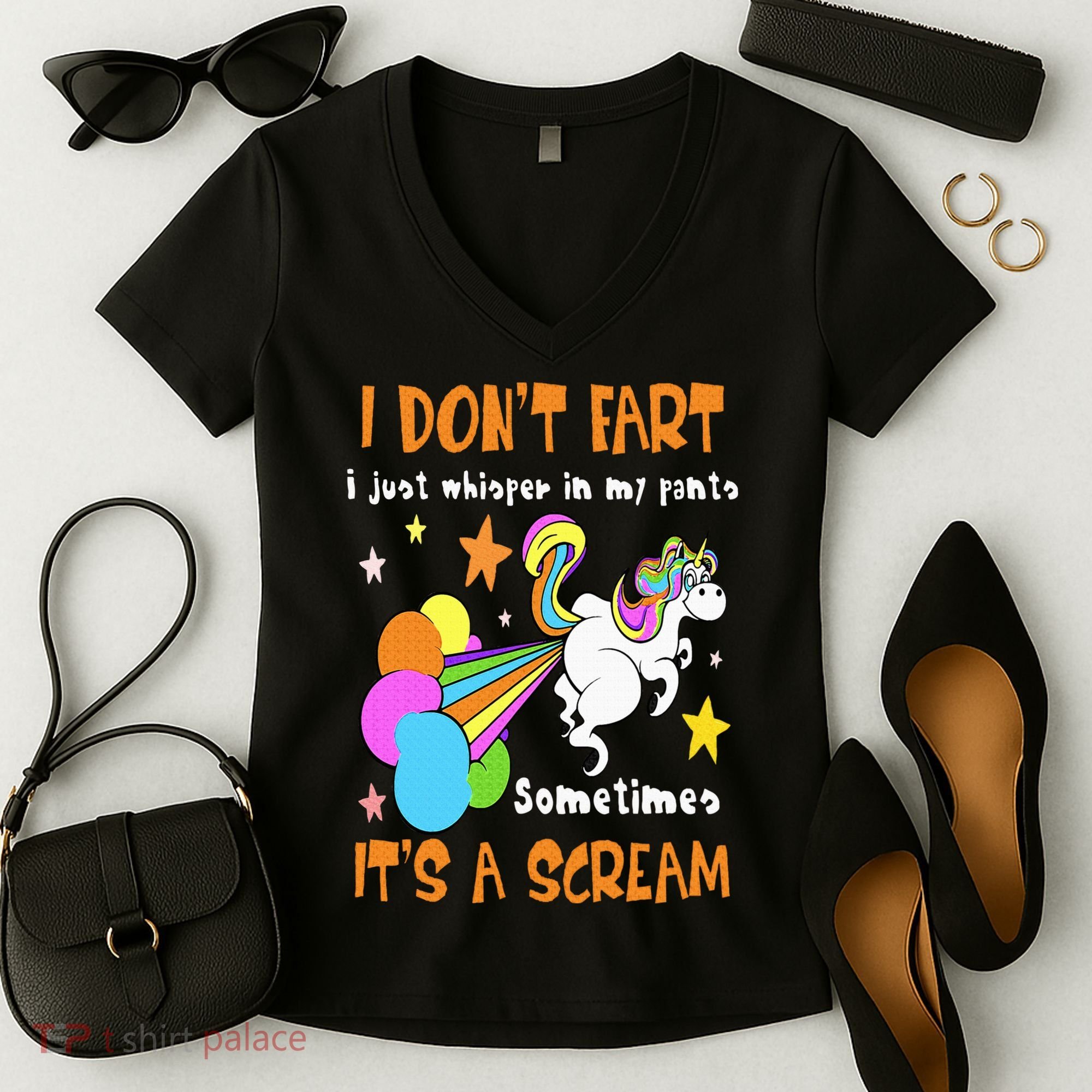 I Don't Fart I Just Whisper In My Pants Funny Unicorn Women's V-Neck T-Shirt