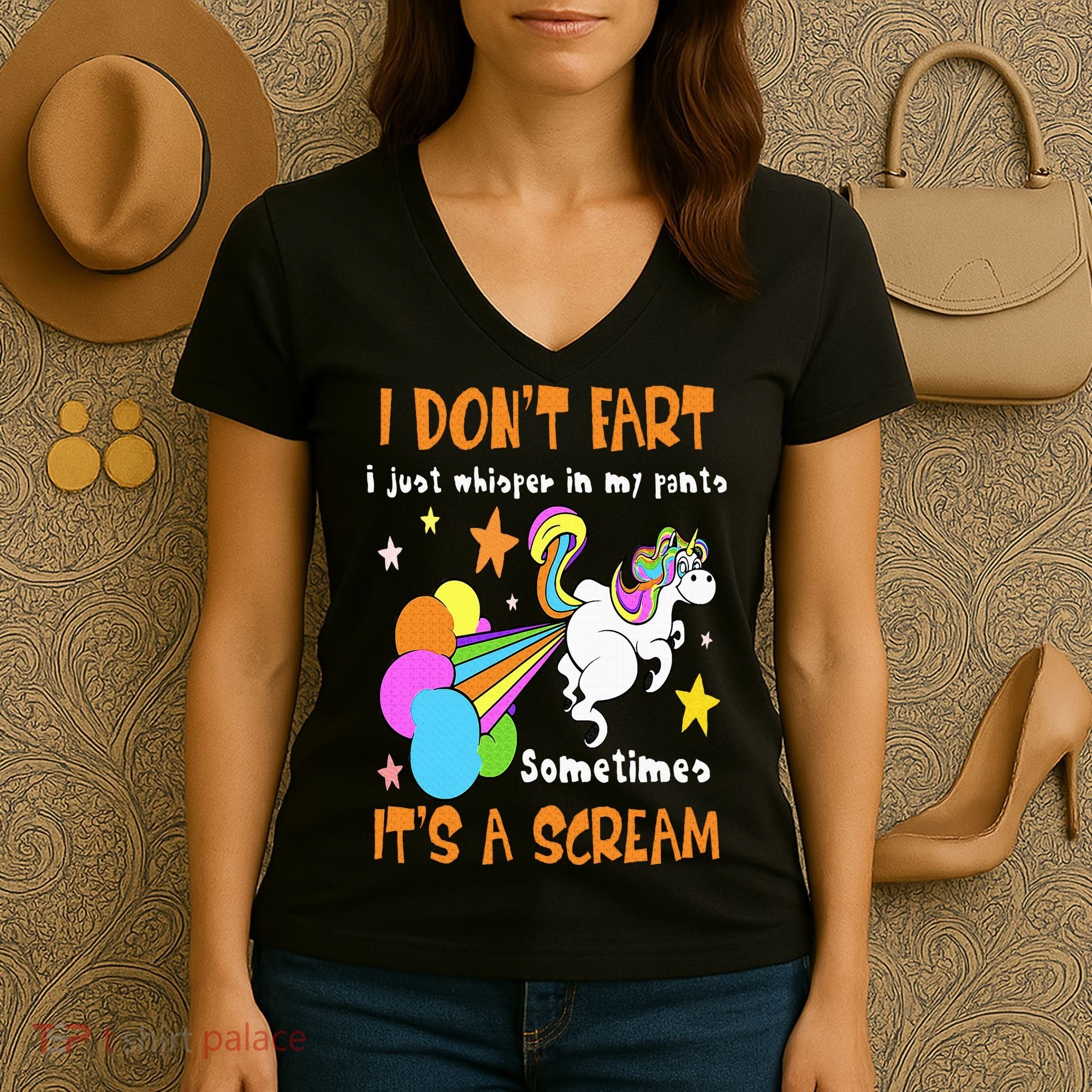 I Don't Fart I Just Whisper In My Pants Funny Unicorn Women's V-Neck T-Shirt