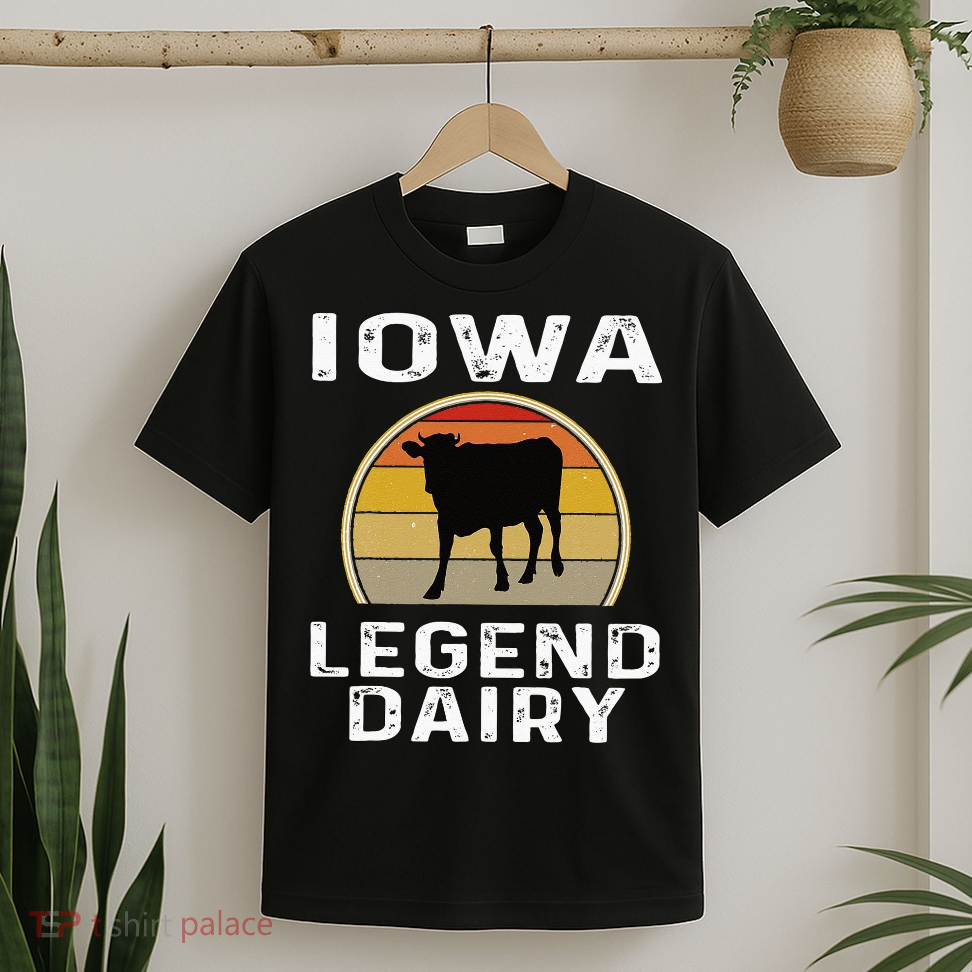 Iowa Dairy Farmer Legend Dairy Cow Cattle Funny Retro Sunset T-Shirt