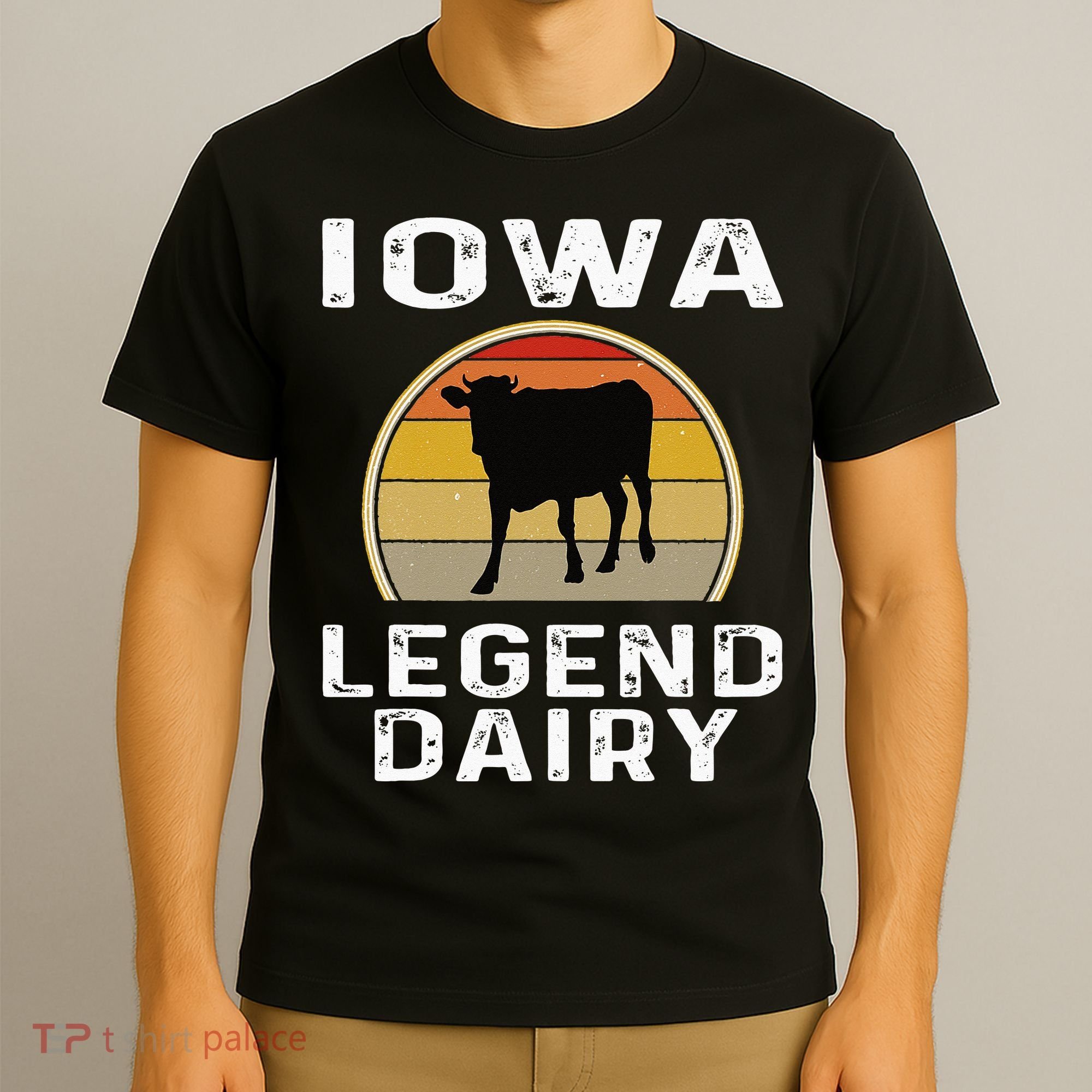 Iowa Dairy Farmer Legend Dairy Cow Cattle Funny Retro Sunset T-Shirt