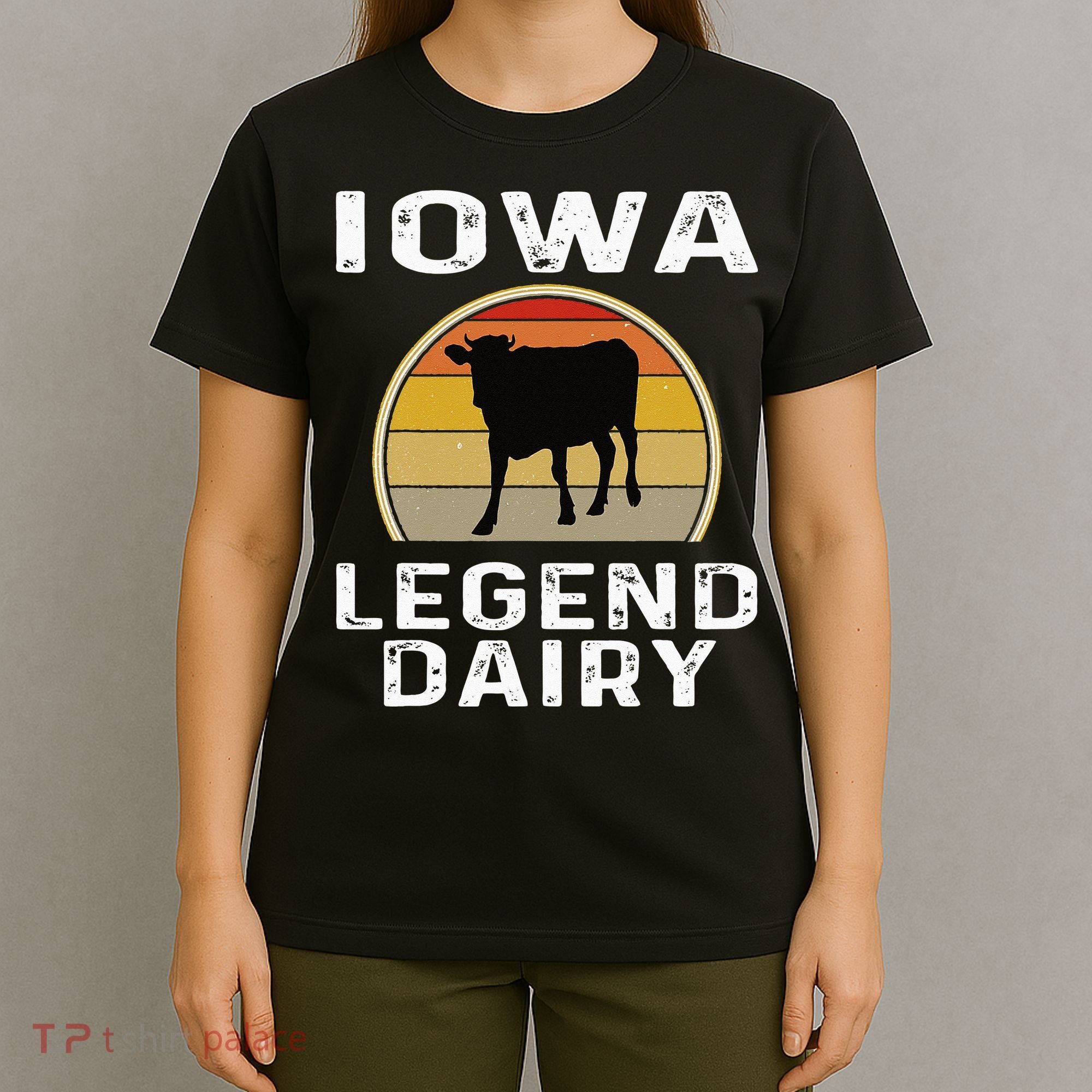 Iowa Dairy Farmer Legend Dairy Cow Cattle Funny Retro Sunset T-Shirt