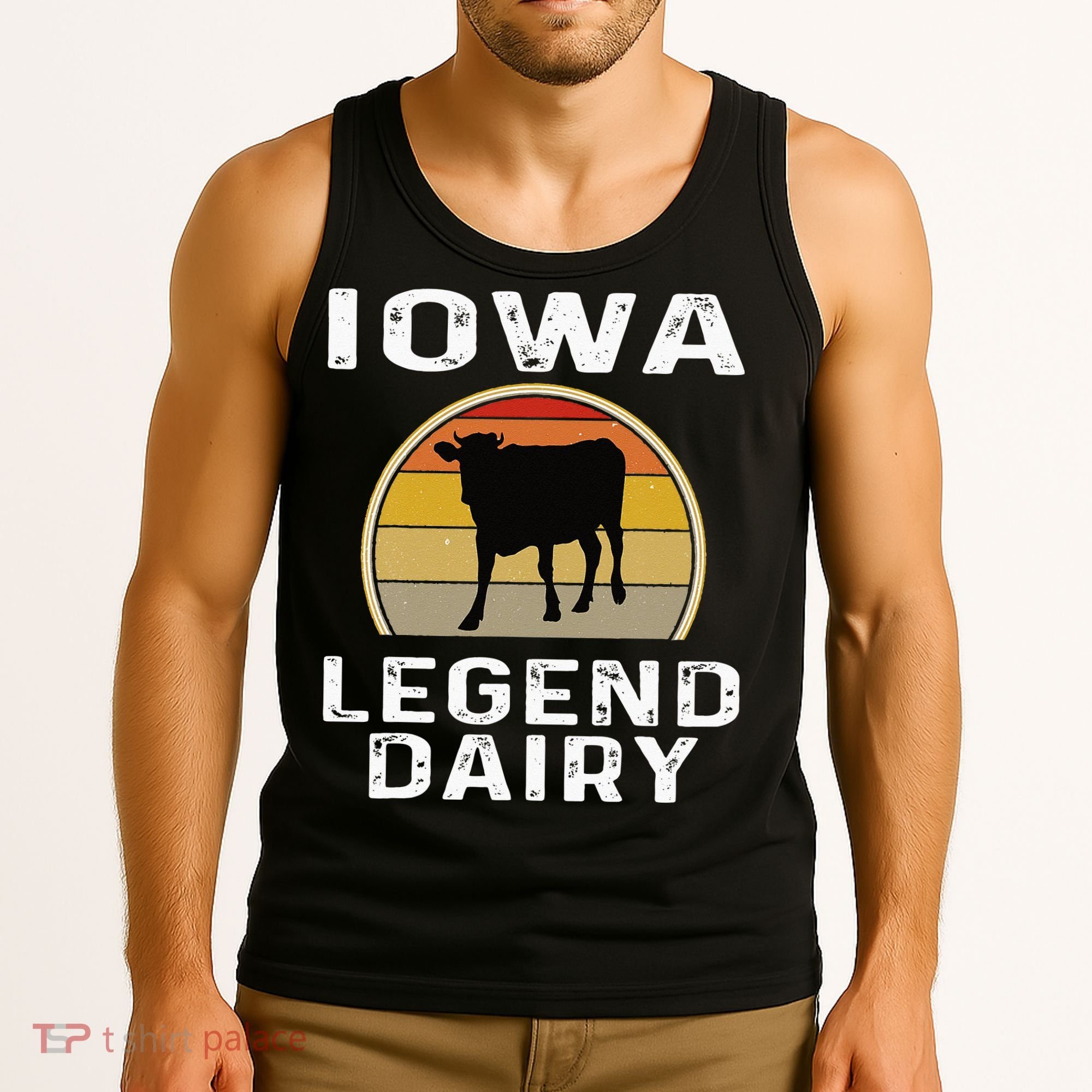 Iowa Dairy Farmer Legend Dairy Cow Cattle Funny Retro Sunset Tank Top