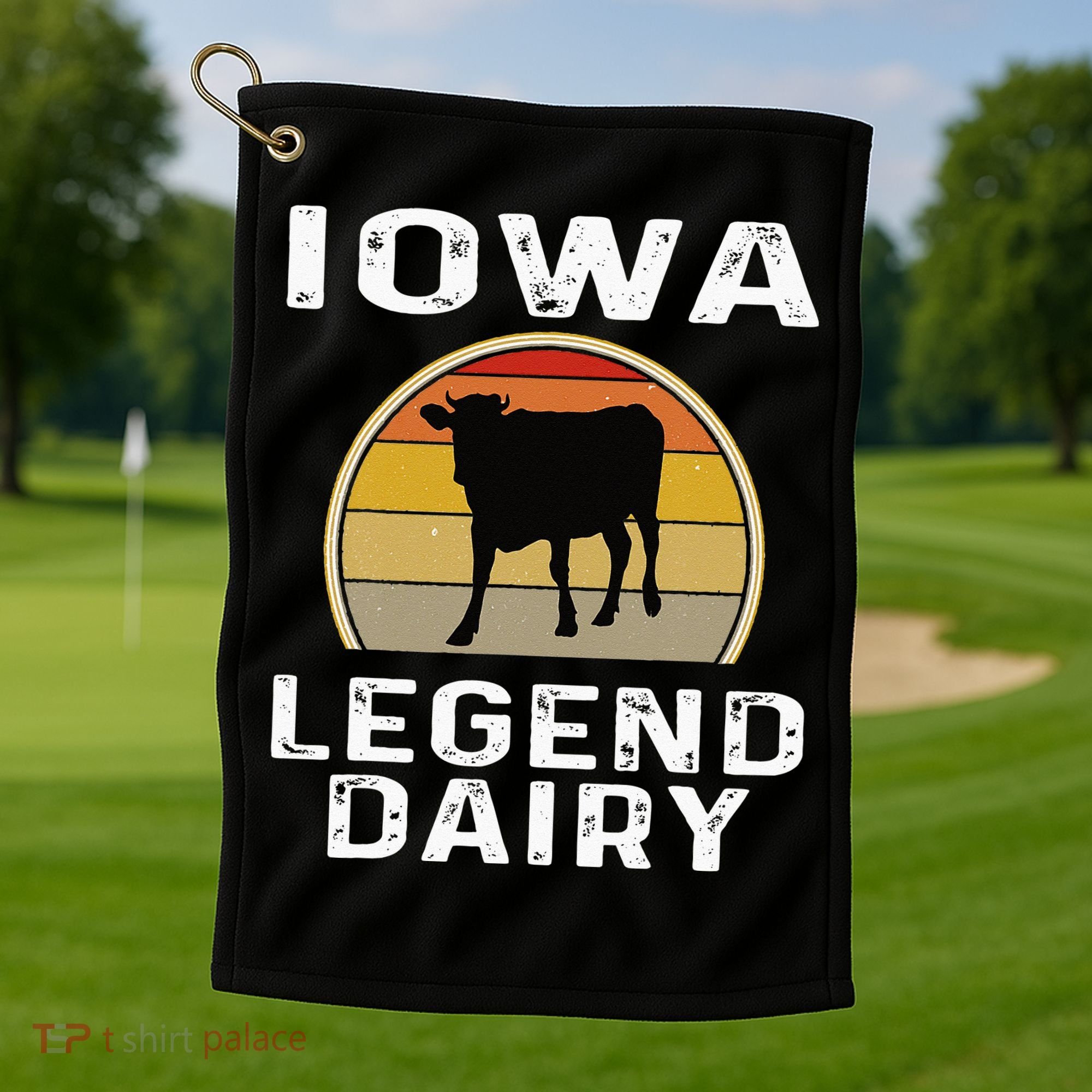Iowa Dairy Farmer Legend Dairy Cow Cattle Funny Retro Sunset Golf Towel